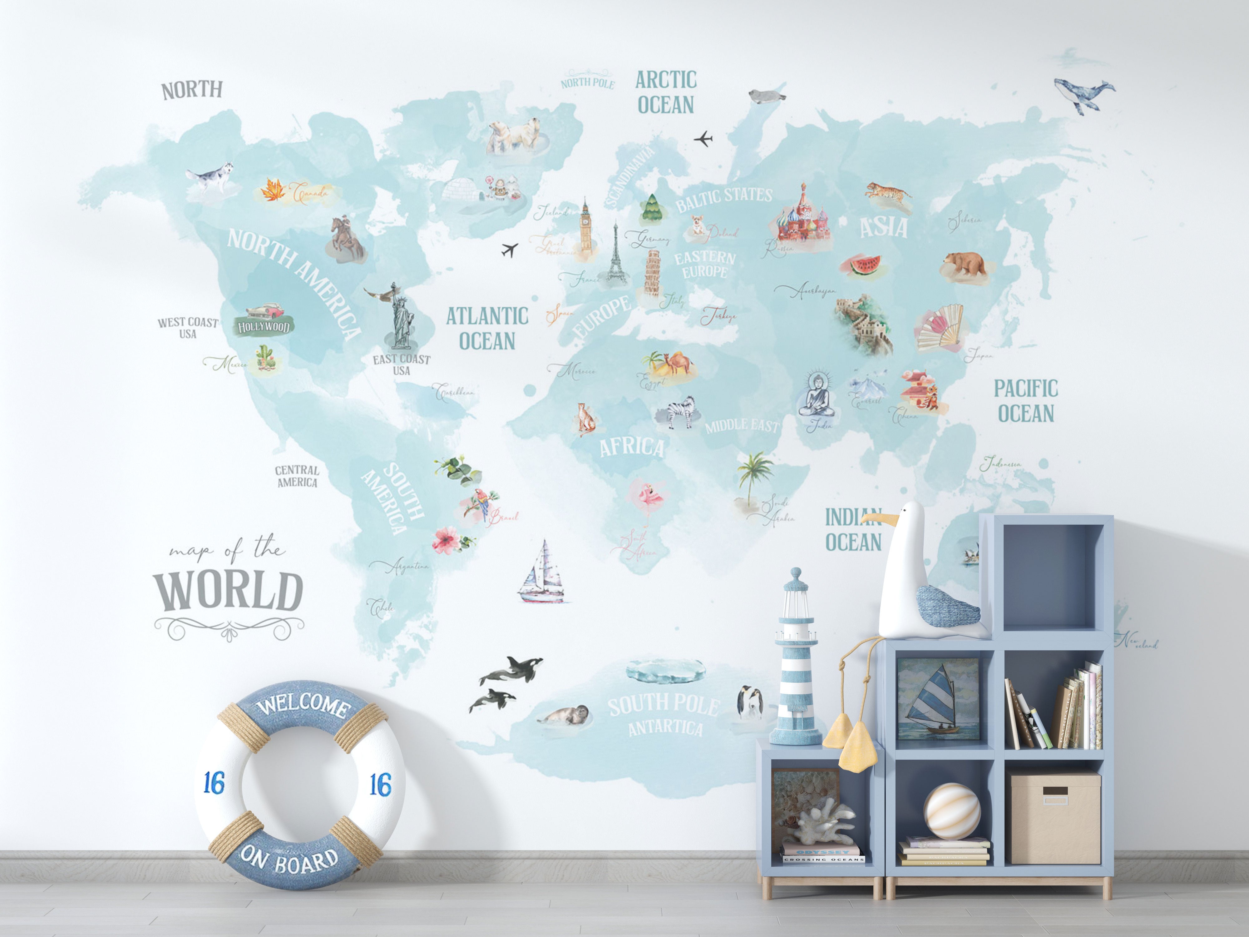 Blue World Map Wallpaper Mural for Kids Room Decor - Perfect for Nursery, Playroom & Classroom Learning Spaces