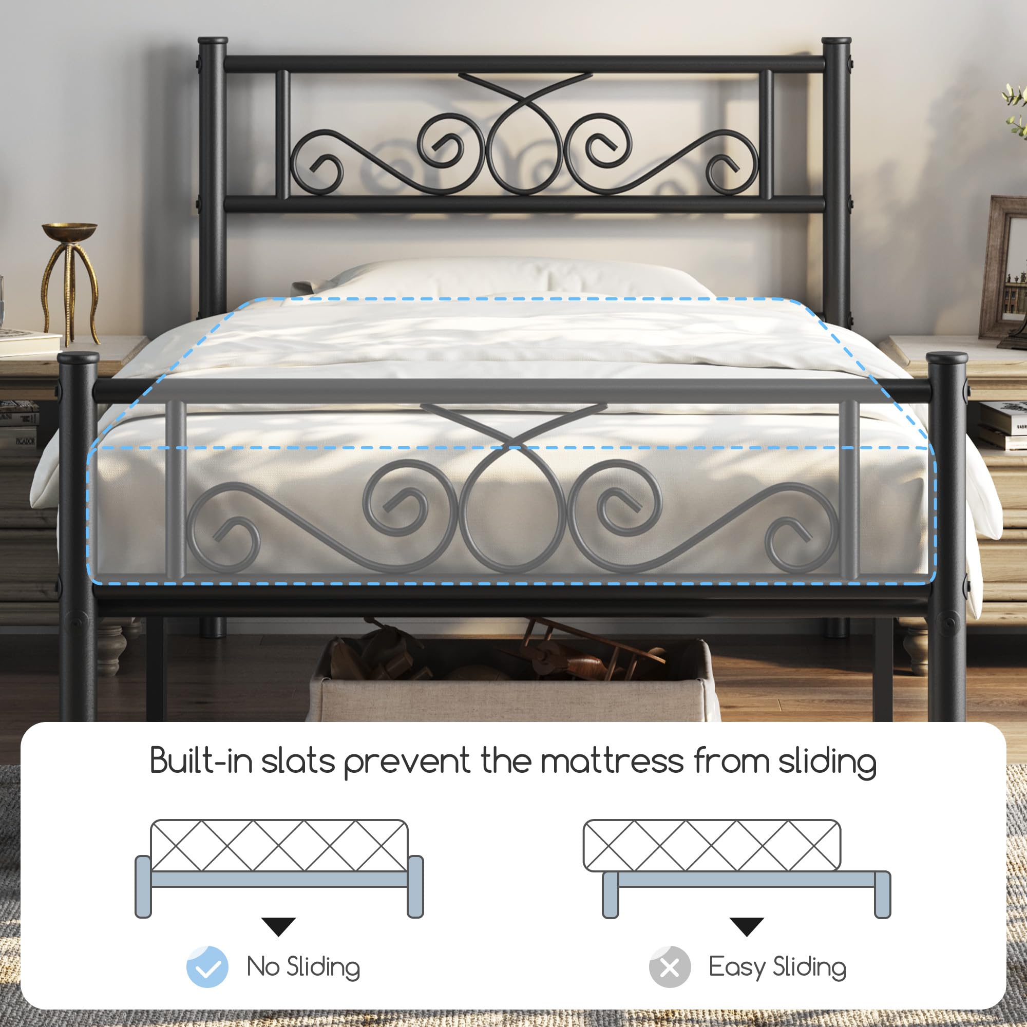 Topeakmart 13 Inch Twin Size Metal Bed Frame with Headboard - Sturdy Mattress Foundation, Platform Bed & Slatted Base for Bedroom, Guest Room, Dorm or Apartment