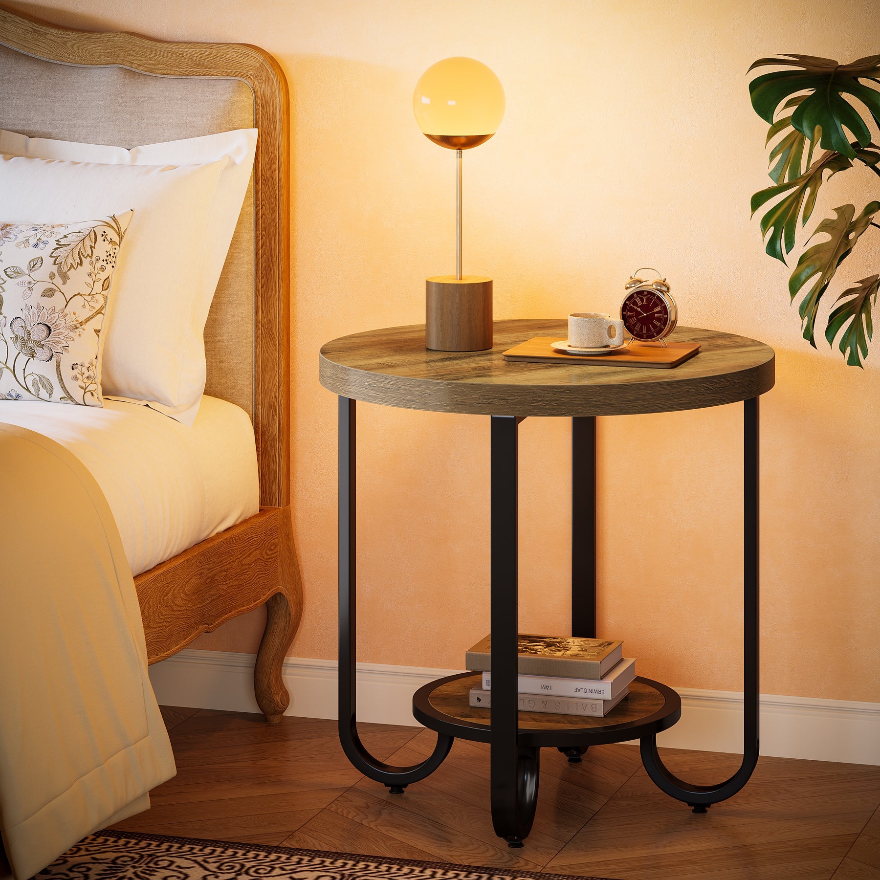 2-Tier Round End Table with Curved Metal Legs - Modern Side Table & Bedroom Nightstand for Living Room, Bedroom, or Office Decor
