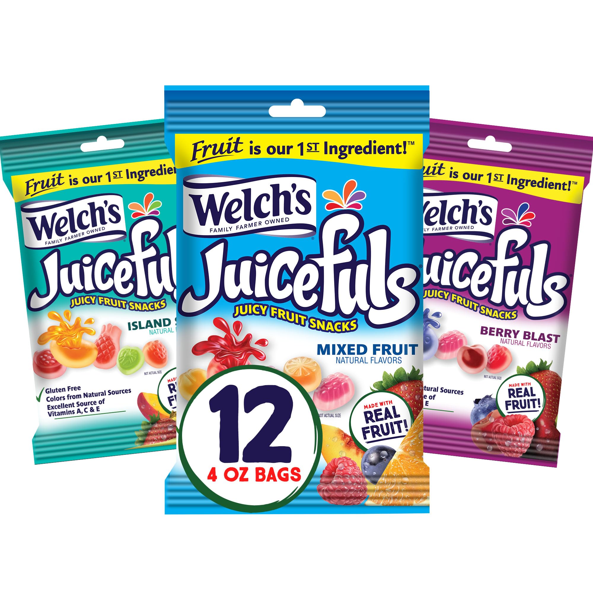 Welch's Juicefuls Mixed Fruit Snacks Variety Pack - Berry Blast, Island Splash & Fruit Gushers - Gluten Free, 4oz Single Serve Bags (Pack of 12) - Perfect for School Lunches, Office Snacks & On-the-Go Healthy Treats