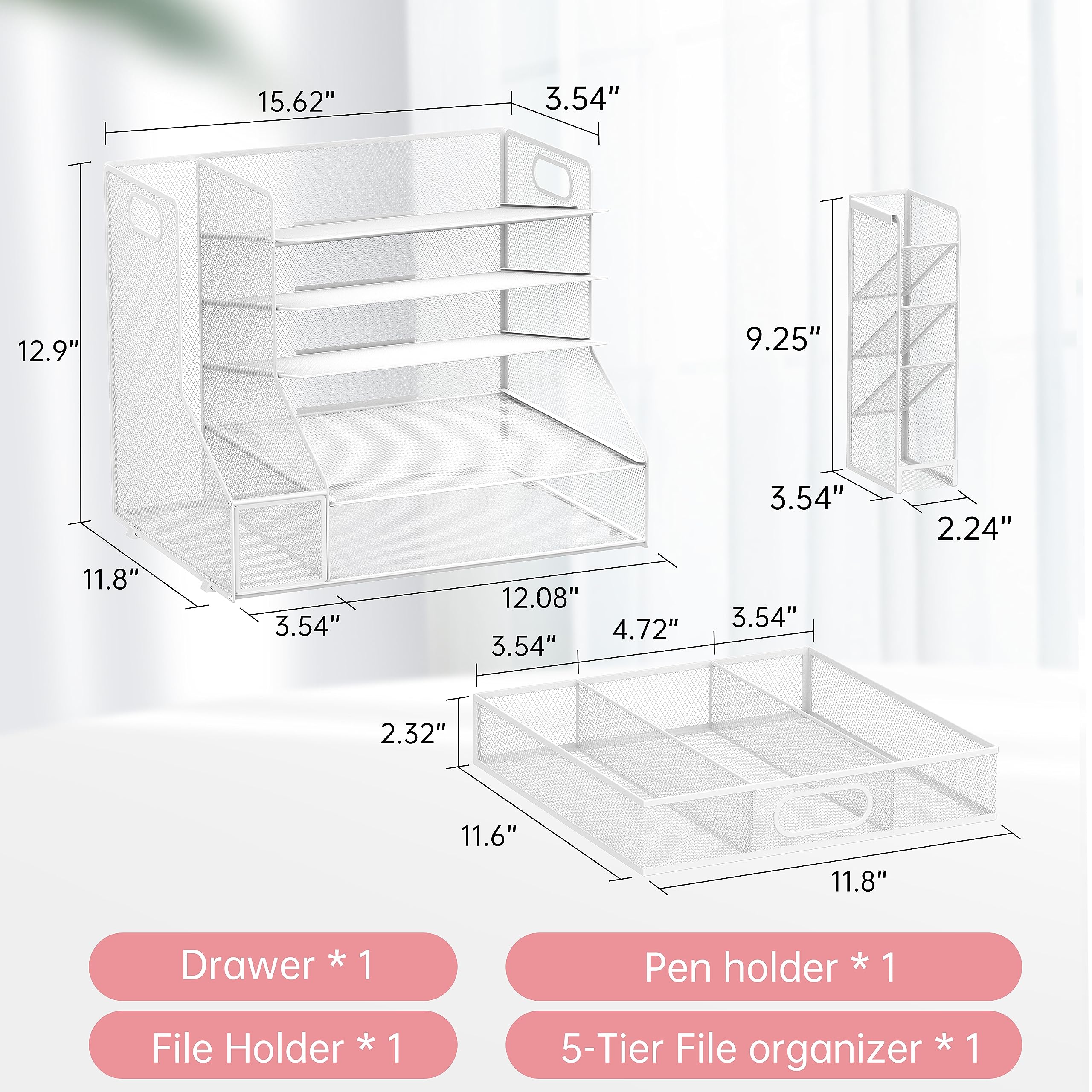 SUPEASY 5-Tier Mesh Desk Organizer with File Holder & 3 Tilted Sorters - White Office Paper Letter Tray for Documents, Mail, and Office Supplies | Perfect for Home Office, Workstation & School Desk Organization