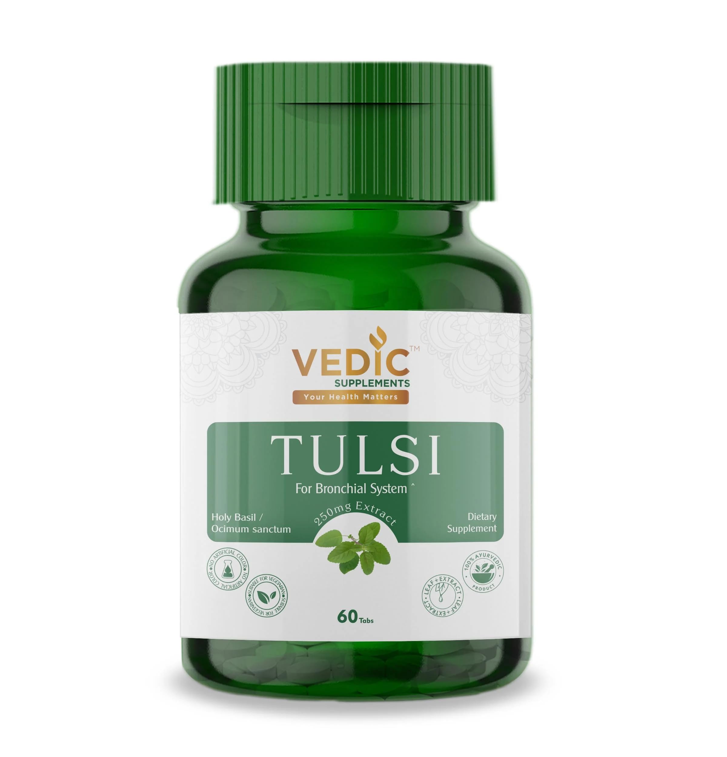 Vedic Tulsi Tablets 250mg - Holy Basil Leaf Extract Supplement (60 Count) for Immune Support & Stress Relief - Ayurvedic Herbal Remedy for Daily Wellness
