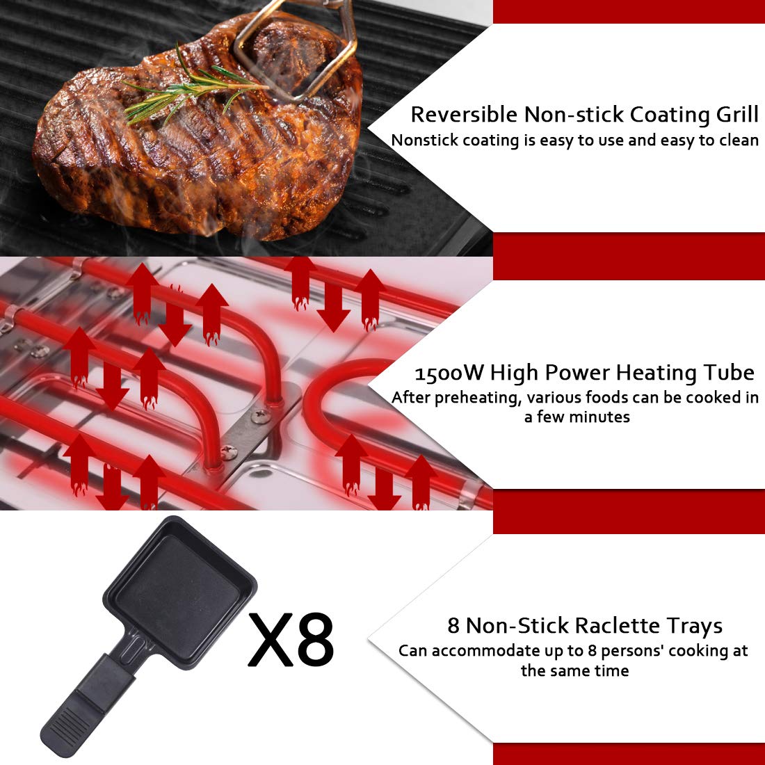 CUSIMAX Electric Raclette Grill & Korean BBQ - 2-in-1 Portable Tabletop Grill with Reversible Non-Stick Plates, Adjustable Temperature Control & 8 Paddles - Perfect for Indoor Parties, Cheese Melting & Crepe Making