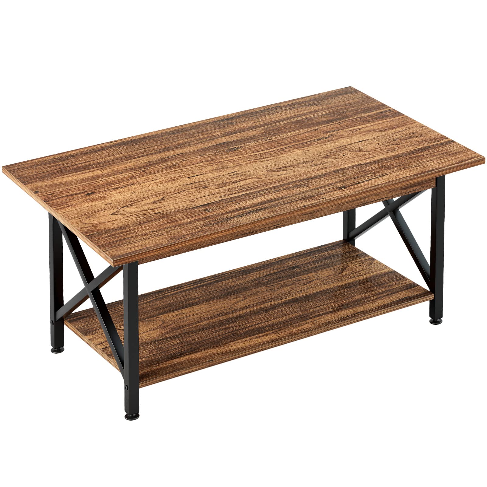 GreenForest 43.3 x 23.6 Inch Large Rustic Farmhouse Coffee Table with Storage Shelf & TV Stand - Holds 65 Inch TVs, Entertainment Center with 6 Storage Cabinets for Living Room (Walnut Finish) - Perfect for Family Gatherings & Movie Nights