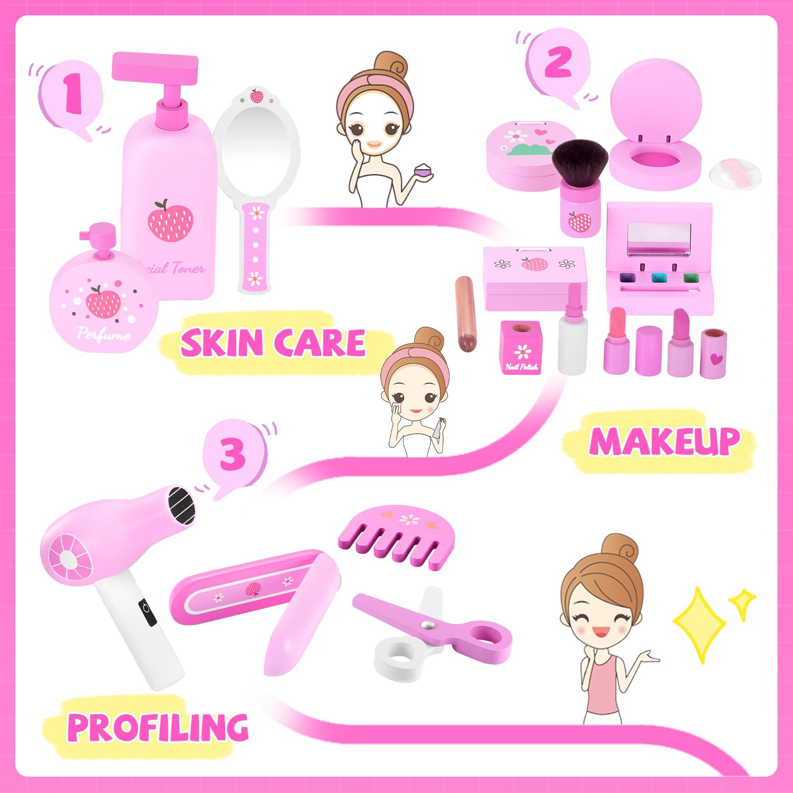 GAGAKU Wooden Kids Makeup Set - Montessori Fake Makeup & Hair Dryer Toy for Girls Dress Up Play