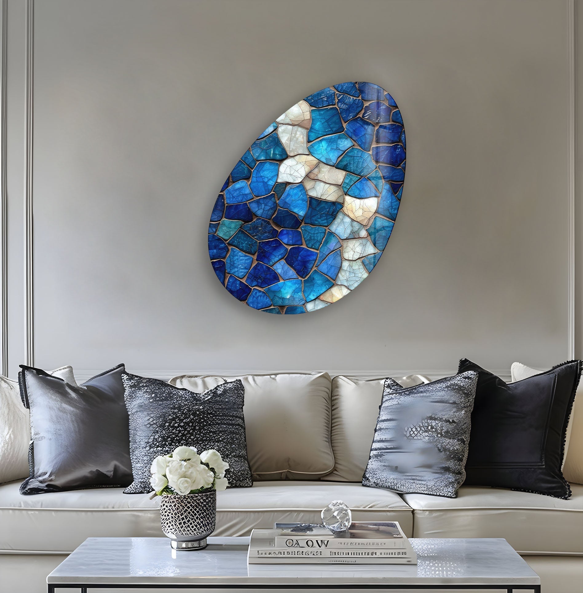 Blue Stained Decorative Oval Glass Wall Art - Handcrafted Modern Home Decor for Living Room, Bedroom & Office