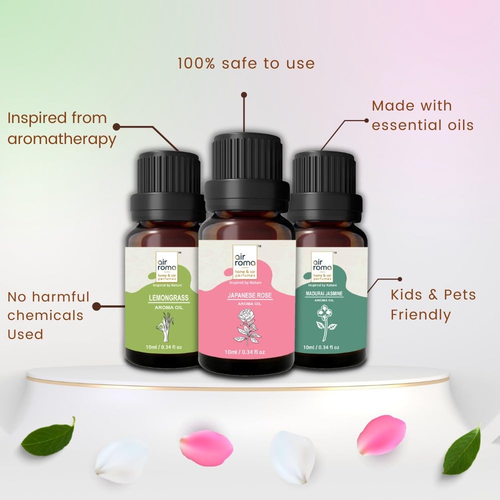 Premium AIR-ROMA Essential Oil Diffuser Set - 6 Fragrances (Lemongrass, Japanese Rose, Jasmine, Apple Spice, Ocean Breeze, Ginger Lily) 60ml Bottles for Aromatherapy, Home Relaxation, Office & Spa Use
