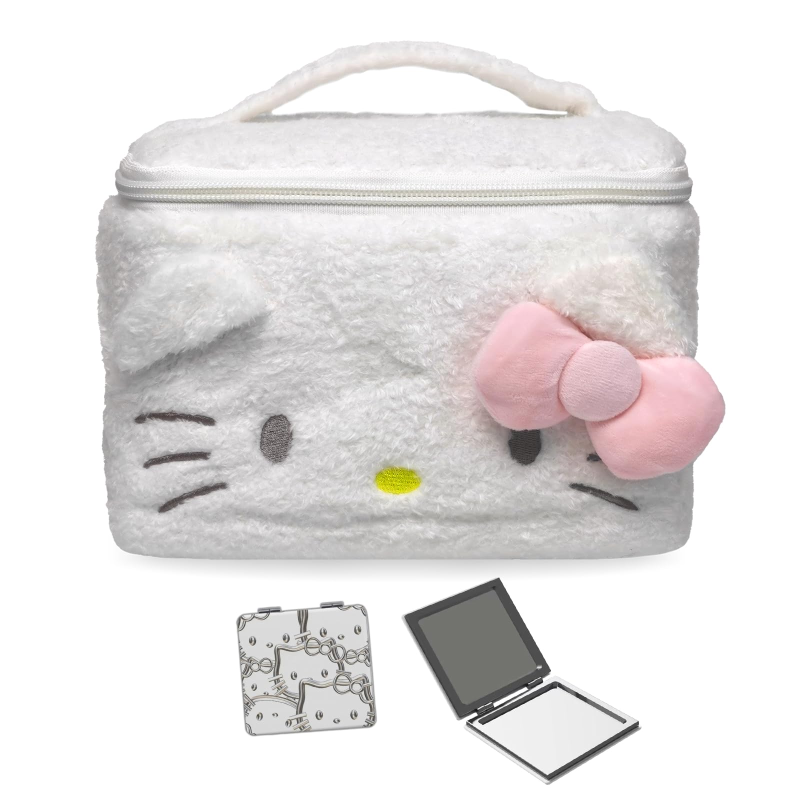 Emmace & Ames Women's Travel Makeup Bag - Soft Plush Cosmetic Organizer with Cartoon Design, Portable Storage Pouch for Toiletries & Accessories (White) - Perfect for Travel, Gym, and Everyday Use
