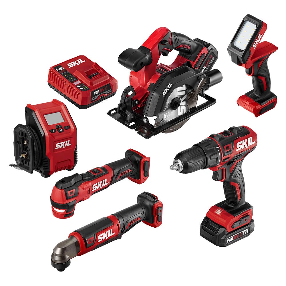 SKIL PWR CORE 12 Brushless 6-Tool Combo Kit with 4.0Ah & 2.0Ah Lithium Batteries & PWRJump Charger (CB7434-21) - Perfect for DIY Projects, Home Renovations, and Professional Construction Work