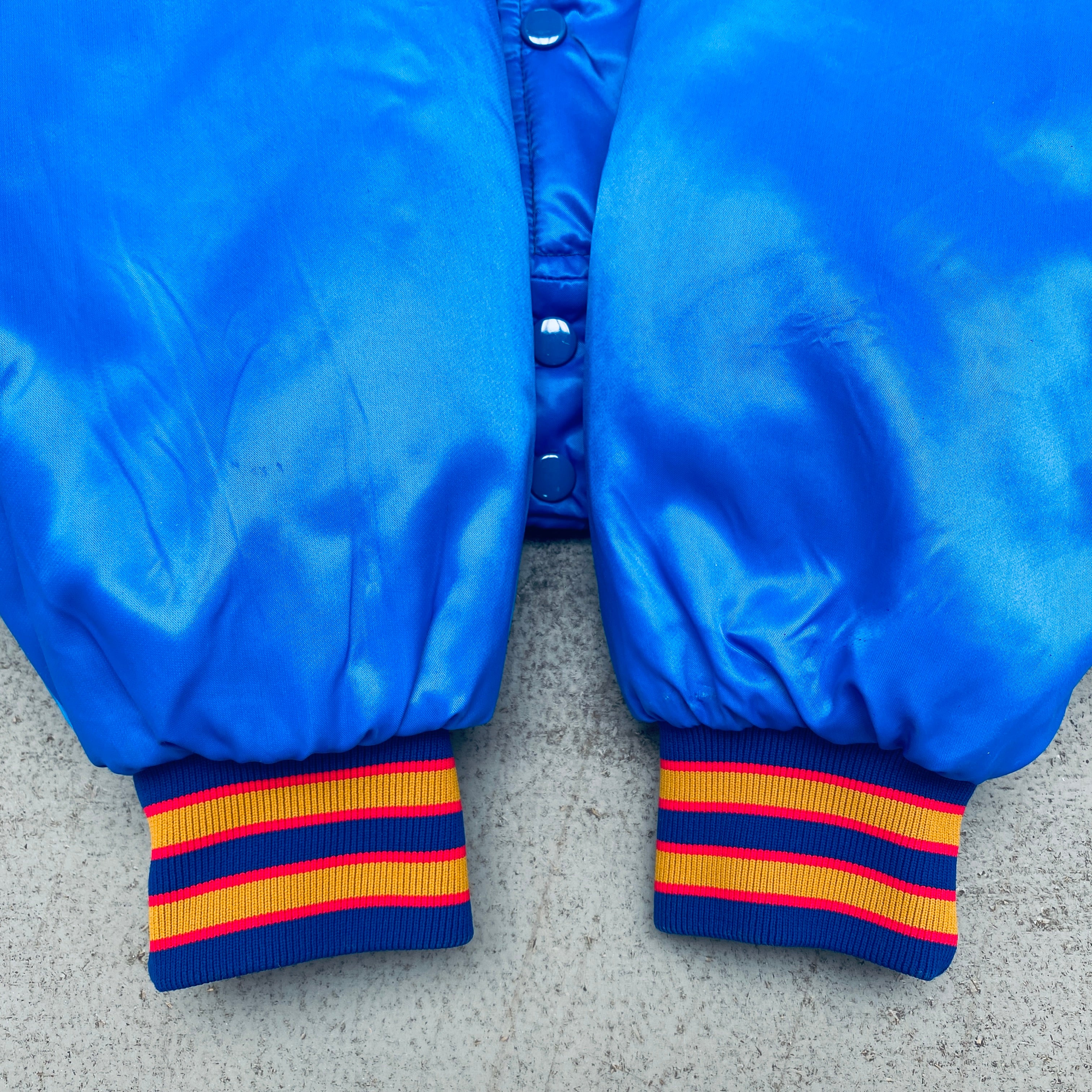 WLAF: London Monarchs 1992 Satin Reverse Embroidered Spellout Bomber Jacket (Large) - Vintage Football Jacket for Sports Fans & Retro Fashion Enthusiasts