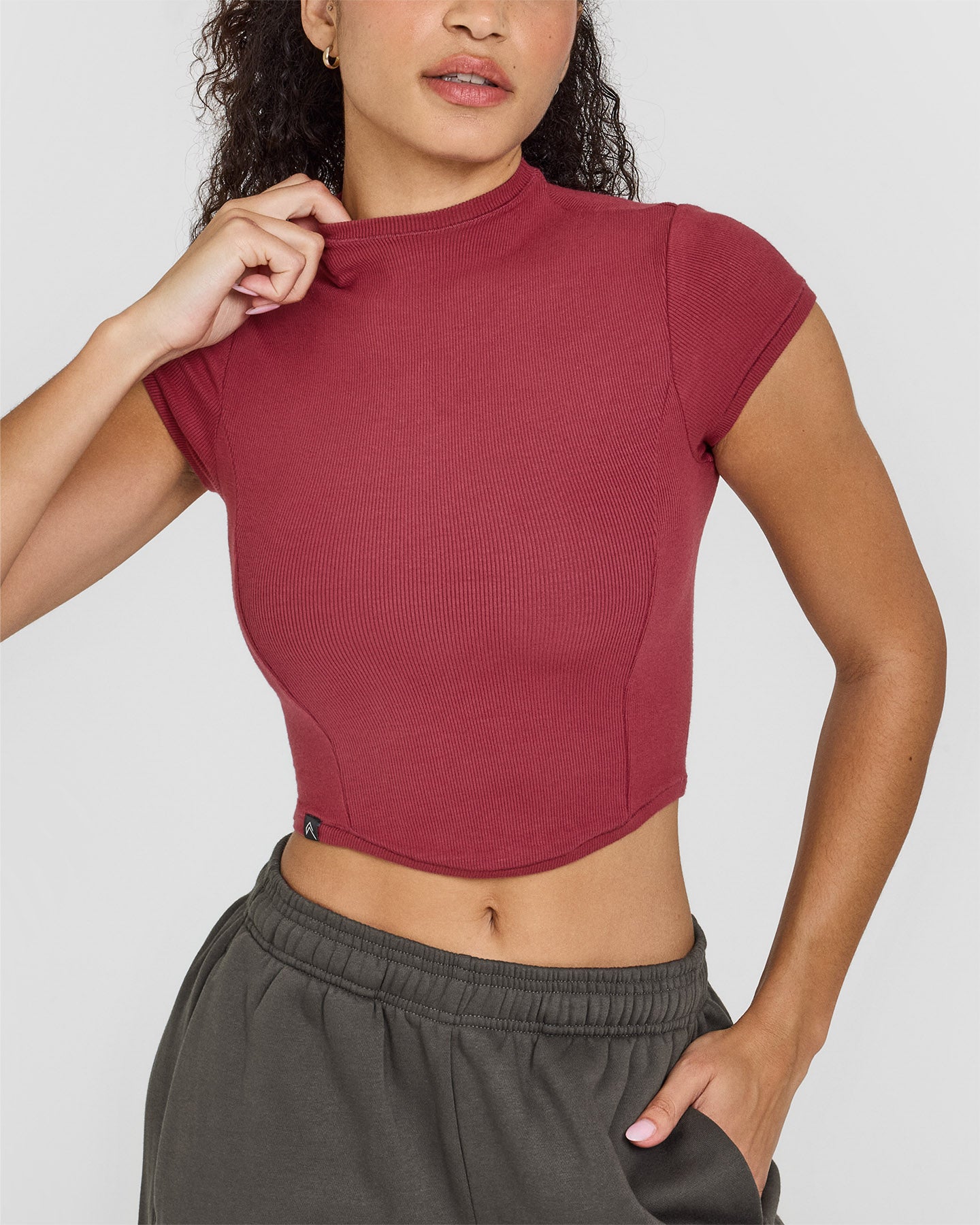 Mellow™ Rib Mid Mock Neck T-Shirt for Women - Soft Stretch Comfort Fit in Burnt Cherry | Casual Wear, Layering, Everyday Outfits