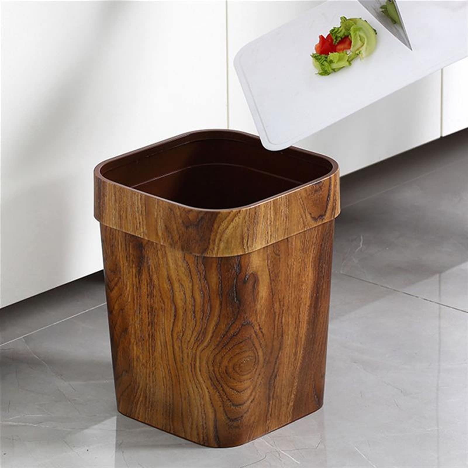 TOMYEUS 14L Retro Wood-Look Compost Bin - Large Square Kitchen & Office Trash Can with Step Pedal, Eco-Friendly Waste Container for Food Scraps, Recycling & Household Use - Perfect for Countertop, Pantry & Sustainable Living