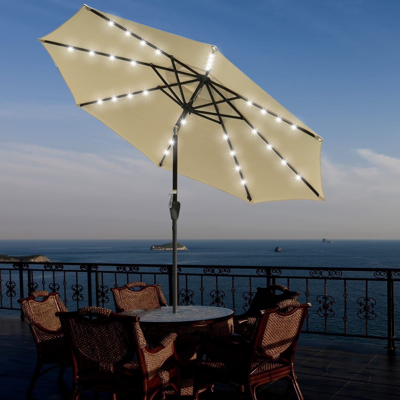 9' 8-Rib Patio Umbrella with Crank Tilt - Solar Powered LED Lights - Aluminum Frame - Beige Outdoor Shade for Garden, Poolside & Backyard Relaxation