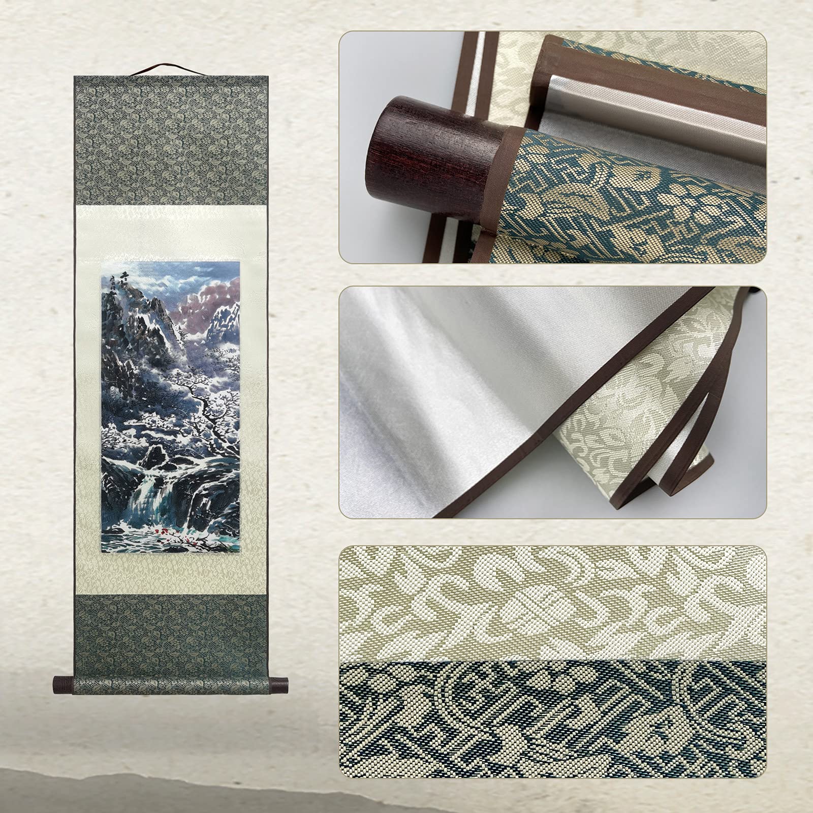 ATFArt Chinese Four Seasons Landscape Silk Scroll Painting - Winter Scene Oriental Wall Art Hanging Decor 36.2x12 Inch | Perfect for Living Room, Bedroom & Office Decoration