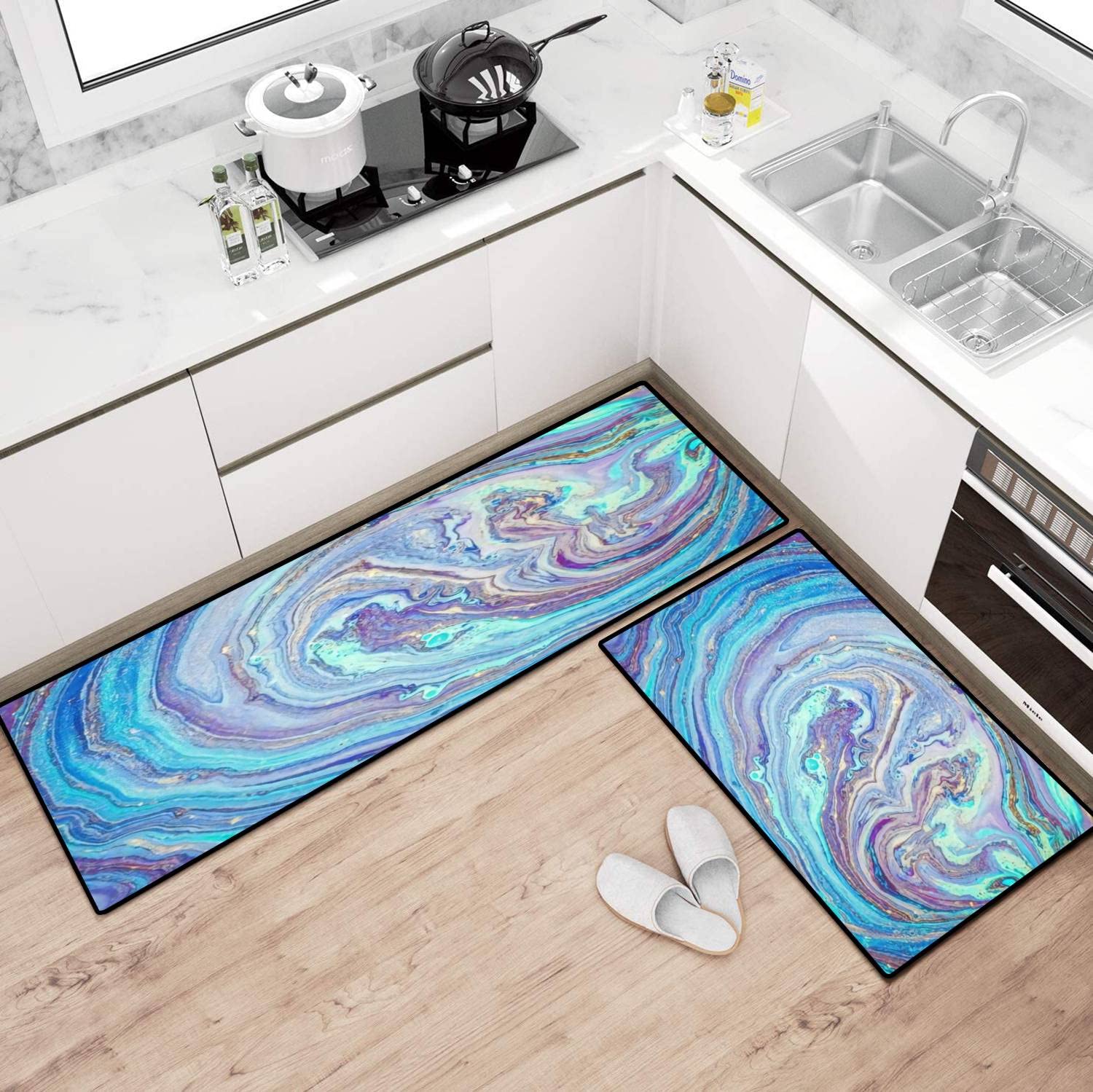 Trendy Pastel Marble Kitchen Rugs Set - Non-Slip Washable Floor Mat, Luxury Kitchen Runner & Bath Rug for Home Decor - Perfect for Standing Comfort in Kitchen, Entryway, and Bathroom