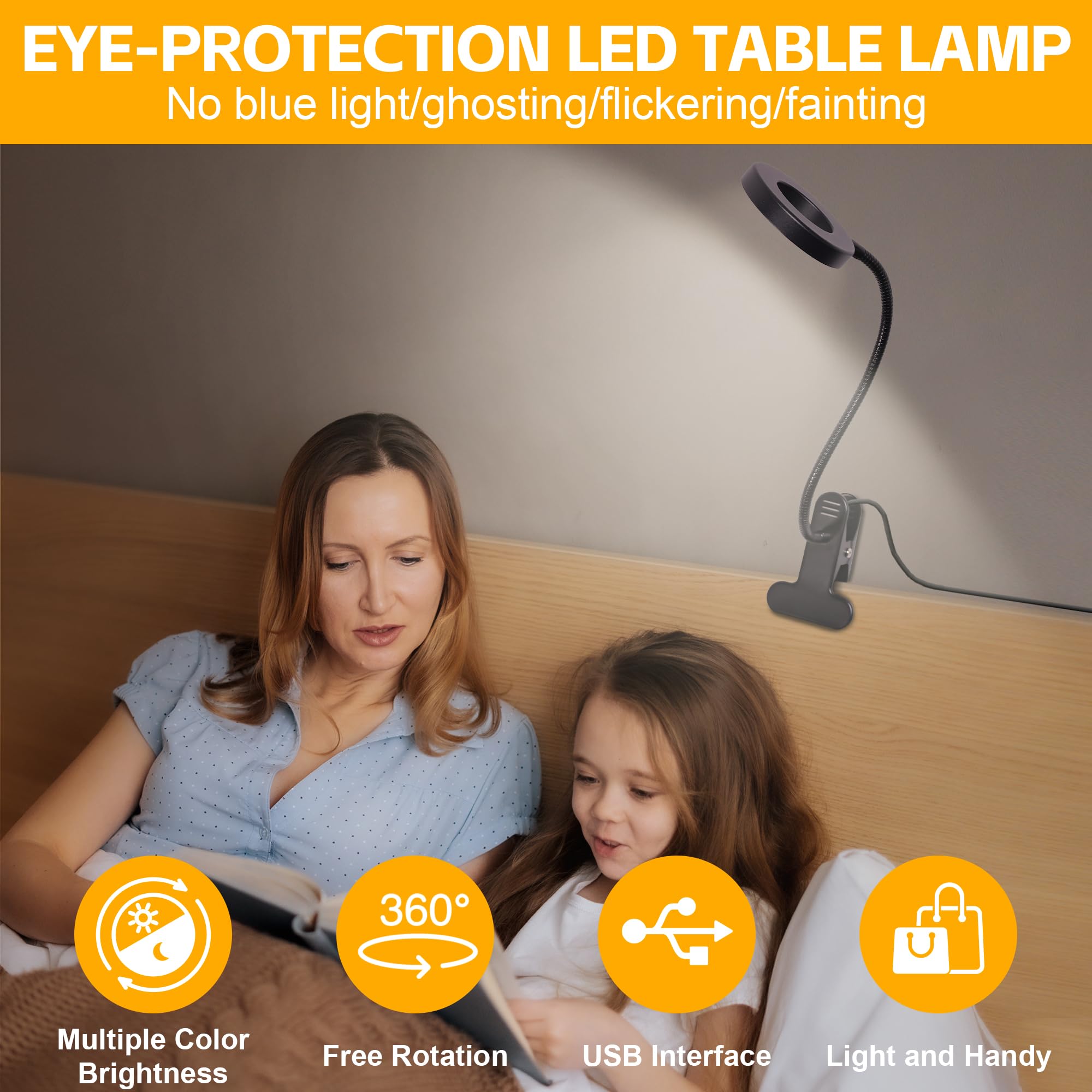 Foneso 48 LED USB Clip On Desk Lamp - 3 Color Modes & 10 Brightness Levels, 360° Adjustable Gooseneck Eye Protection Light for Reading, Studying, Makeup, Office Work, and Nightstand Use