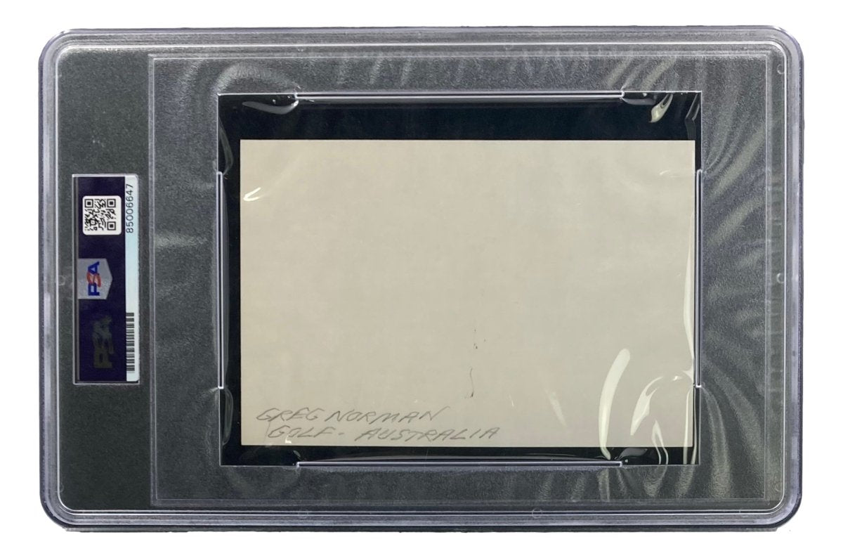 Greg Norman Signed Slabbed Index Card PSA/DNA Certified - Authentic Autographed Golf Memorabilia for Collectors & Fans - Perfect for Display in Home, Office or Man Cave