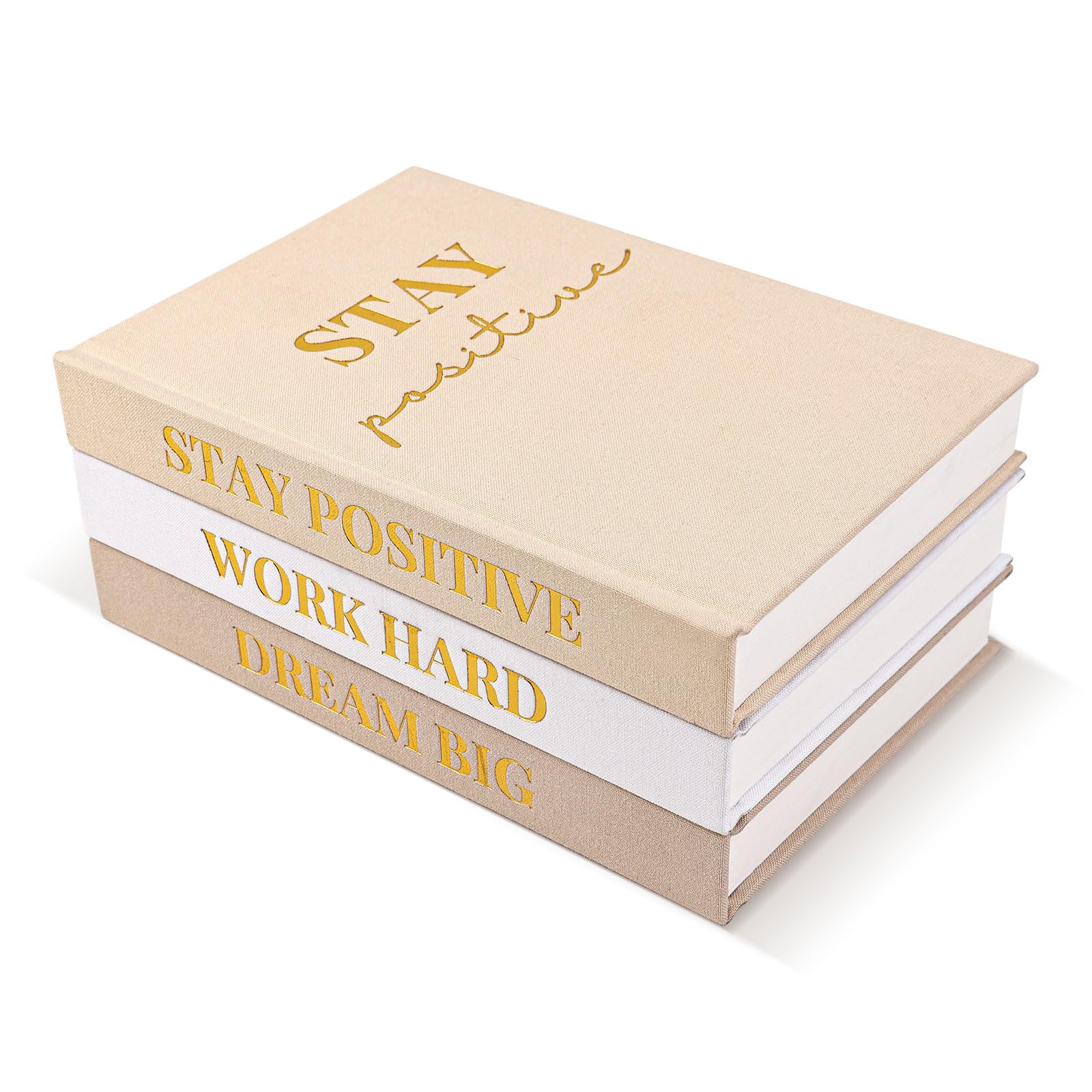 Set of 3 Linen Covered Decorative Books with Gold Foil Stamping - Motivational Office & Home Decor for Women & Men - Neutral Book Set for Coffee Tables, Bookshelves & Desks - Perfect for Living Room, Study & Workspace Decor