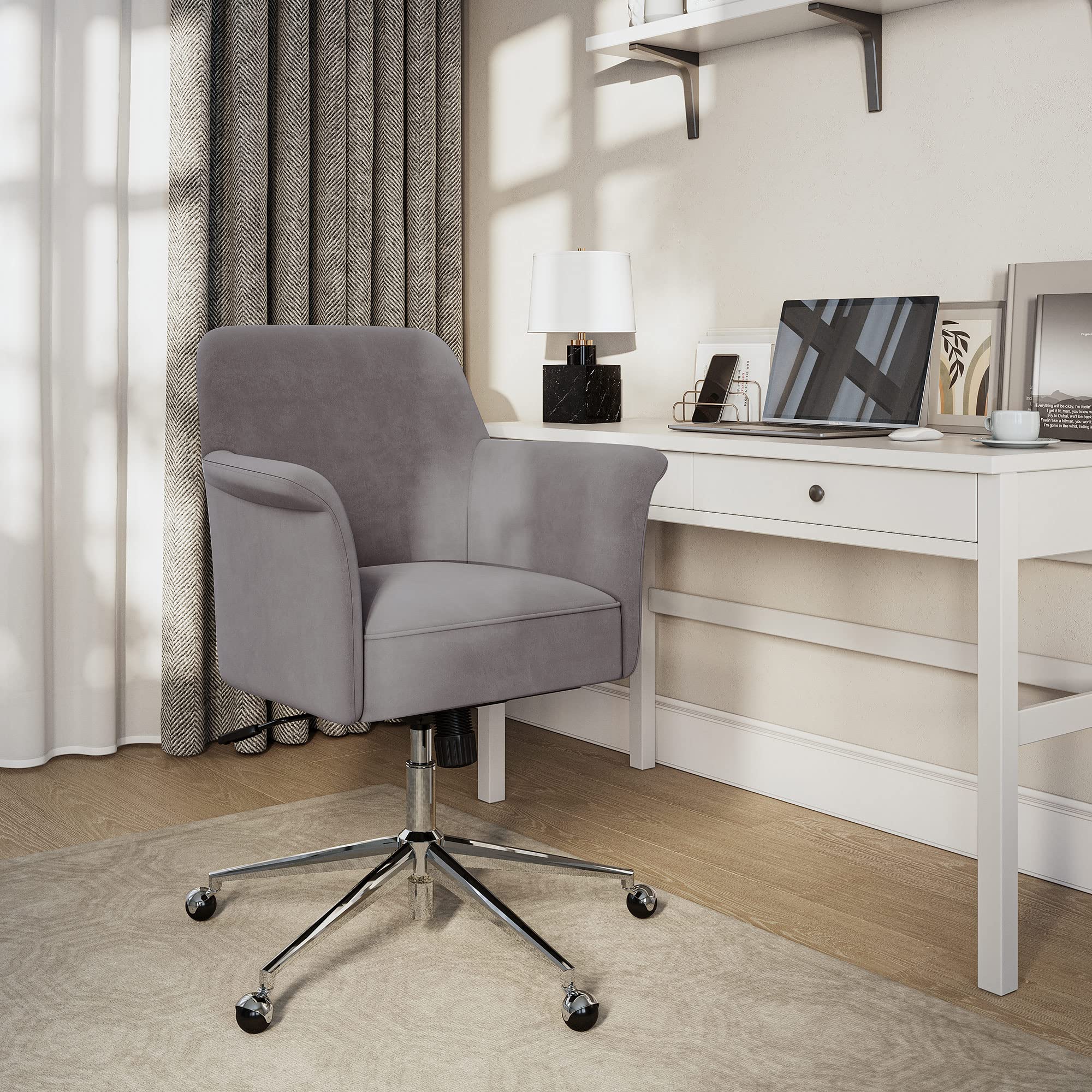 BELLEZE Modern Velvet Office Chair with 360 Swivel & Adjustable Arms - Ergonomic Rolling Desk Chair with Metal Base for Home Office, Study, Bedroom & Vanity - Comfortable Computer Chair for Work & Relaxation (Gray)