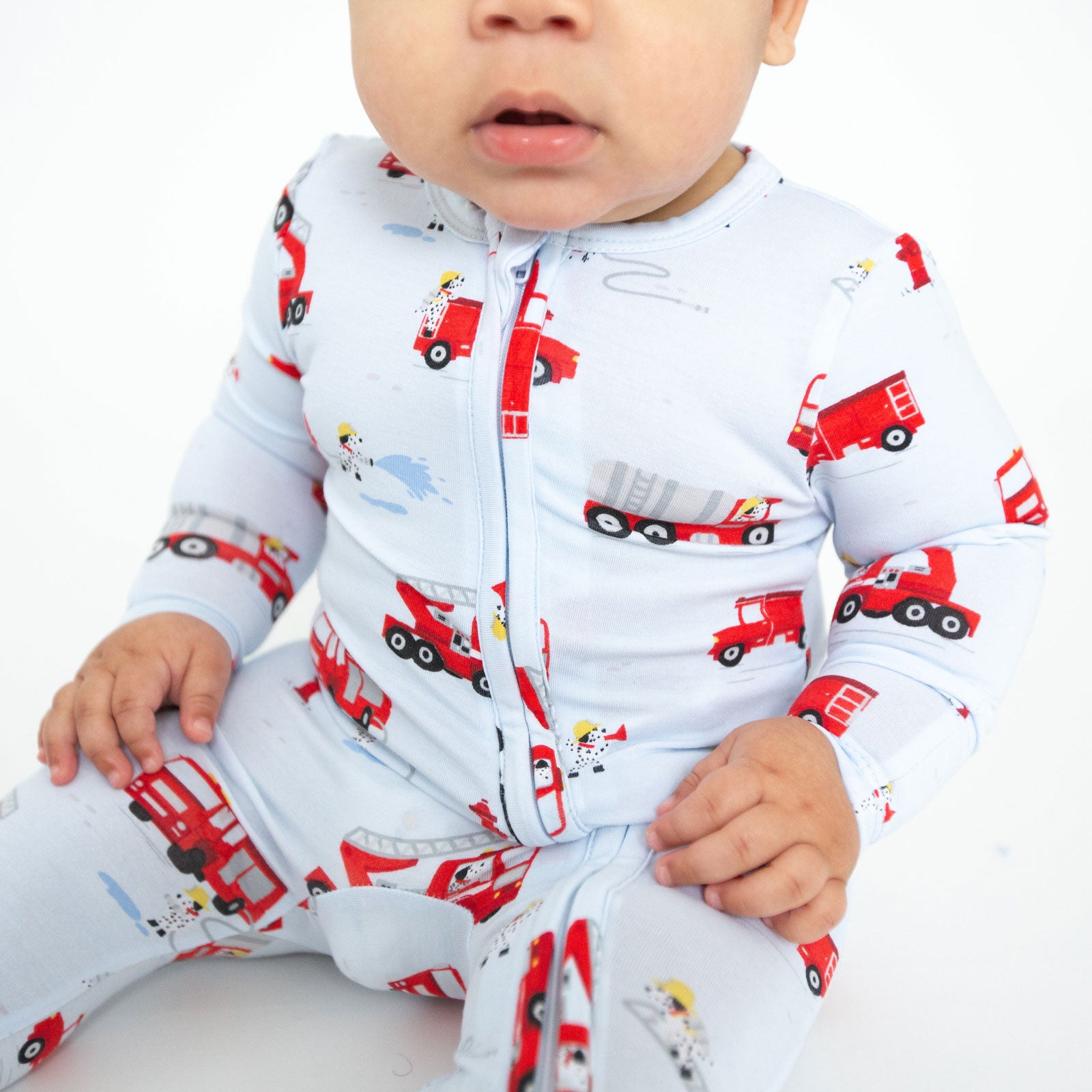 Bamboo 2-Way Zipper Footie Pajamas - Firetruck Dalmatians Print - Soft & Comfortable Baby Sleepwear for Boys & Girls - Perfect for Bedtime & Playtime