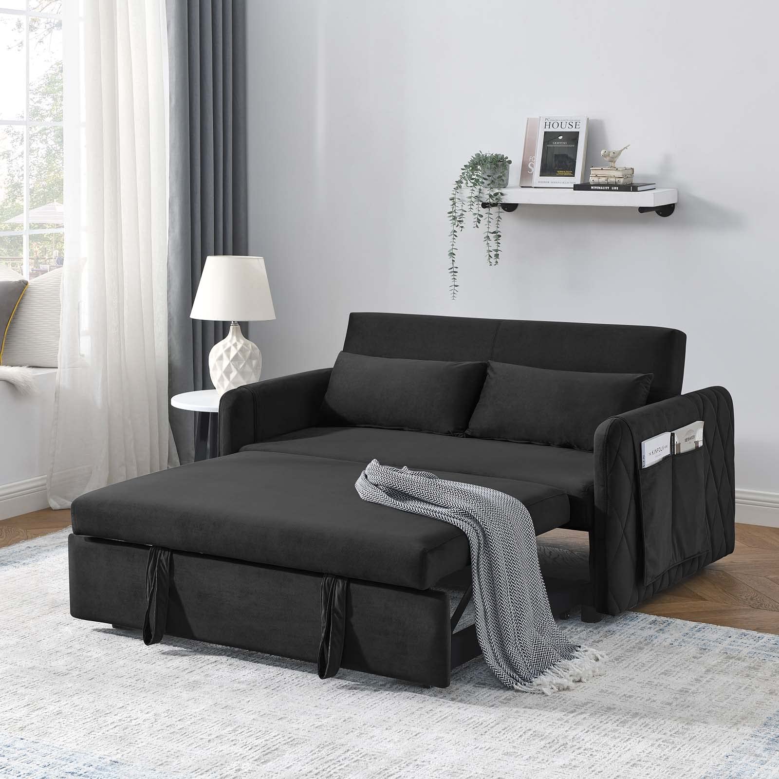 Antetek 3-in-1 Convertible Sleeper Sofa with Pullout Bed - Reclining Loveseat Futon Couch with Chaise Lounge & Toss Pillow - Small Space Living Room Furniture (Black, 55