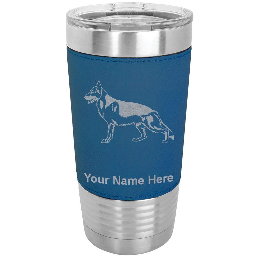 LaserGram 20oz Vacuum Insulated Stainless Steel Tumbler Mug with German Shepherd Dog Design - Personalized Engraving Included (Faux Leather Handle, Blue) - Perfect for Coffee, Tea, Cold Drinks at Home, Office, Gym or Outdoor Adventures