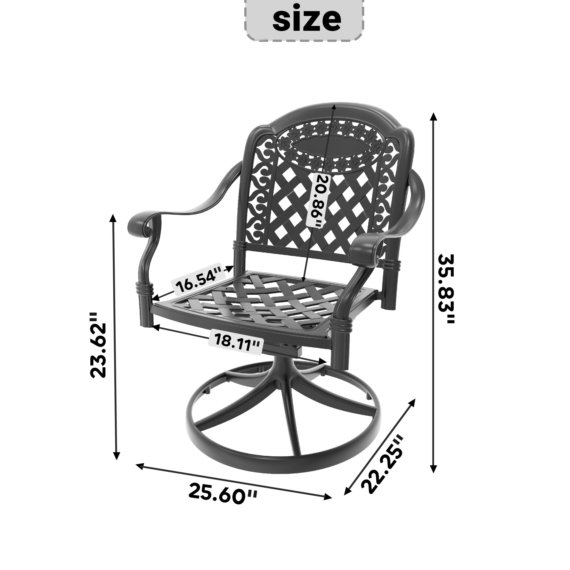 2-Piece Cast Aluminum Patio Swivel Chairs Set with Black Frame & Cushions - Outdoor Garden Furniture for Poolside, Deck, or Backyard Relaxation