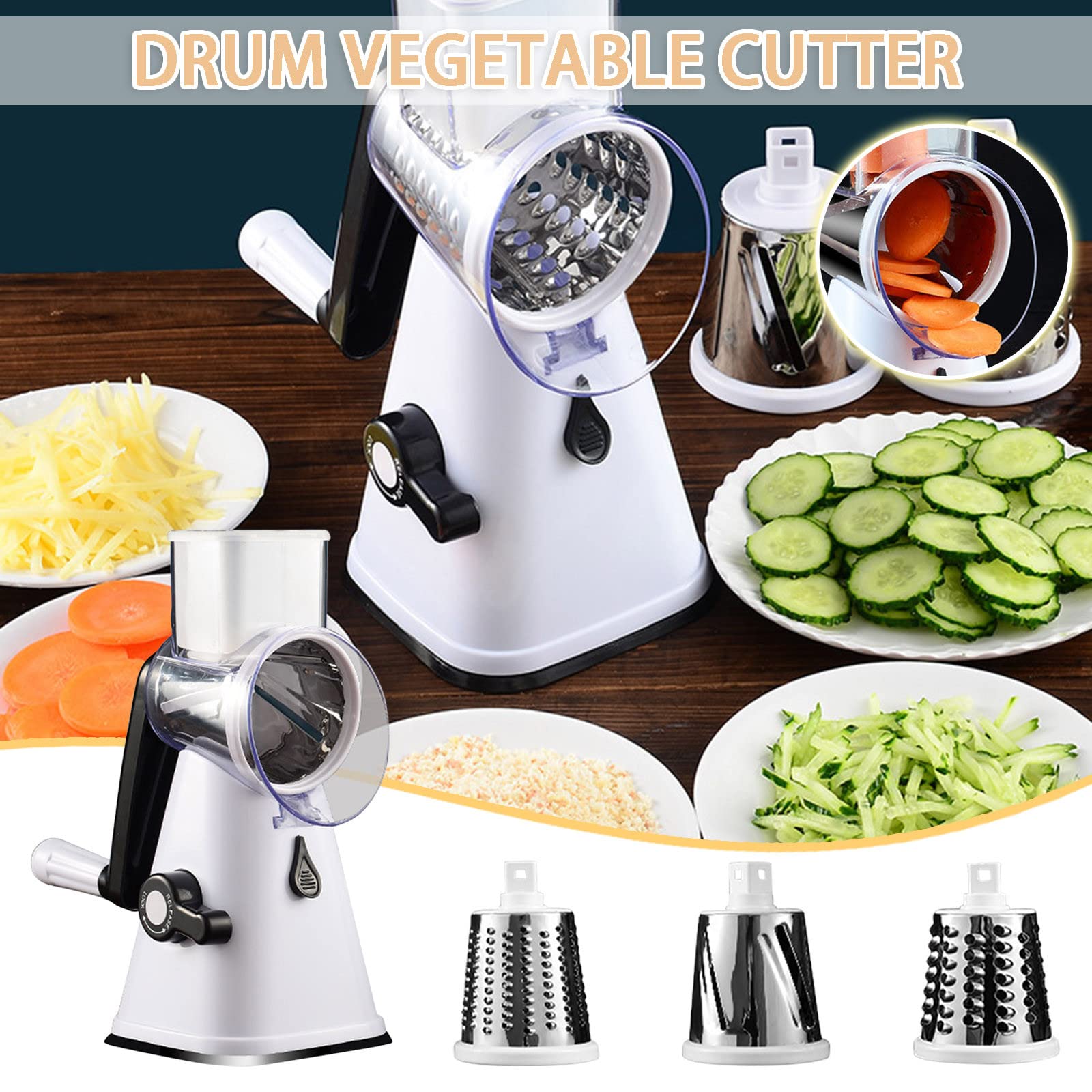 3-in-1 Rotary Cheese Grater & Vegetable Shredder - Hand Roller Multi-Function Food Processor for Potatoes, Carrots, Nuts, Zucchini & Flour Milling | Perfect for Salads, Pasta, Baking & Meal Prep