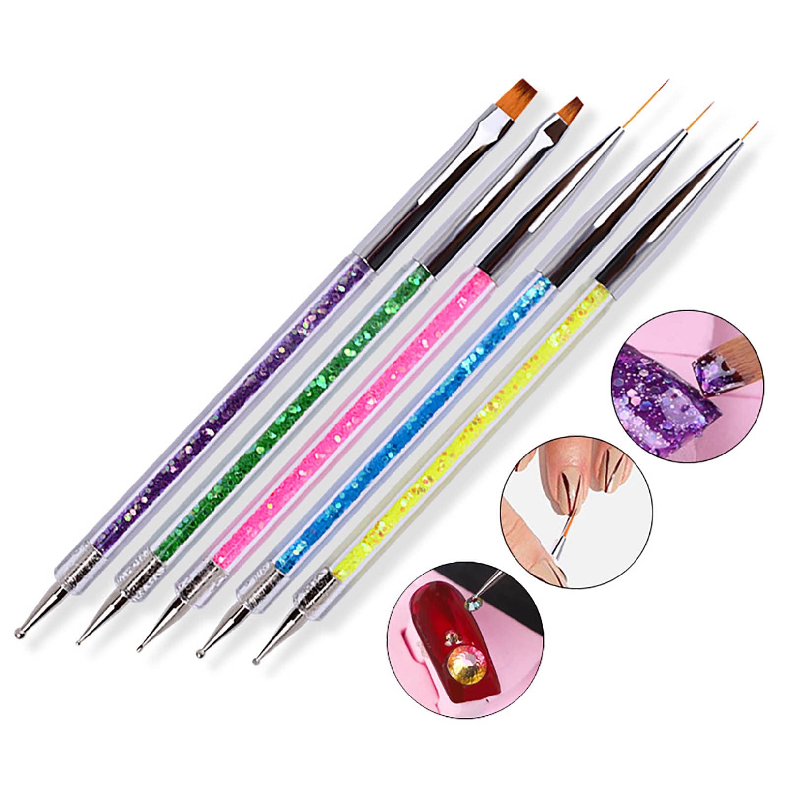 Professional Double-Ended Nail Art Brush Kit - 5PCS Salon Quality Acrylic Nail Design Tools with Liner & Dotting Pens for Home & Salon Use | Perfect for Manicures, Nail Extensions & Creative Nail Art Designs