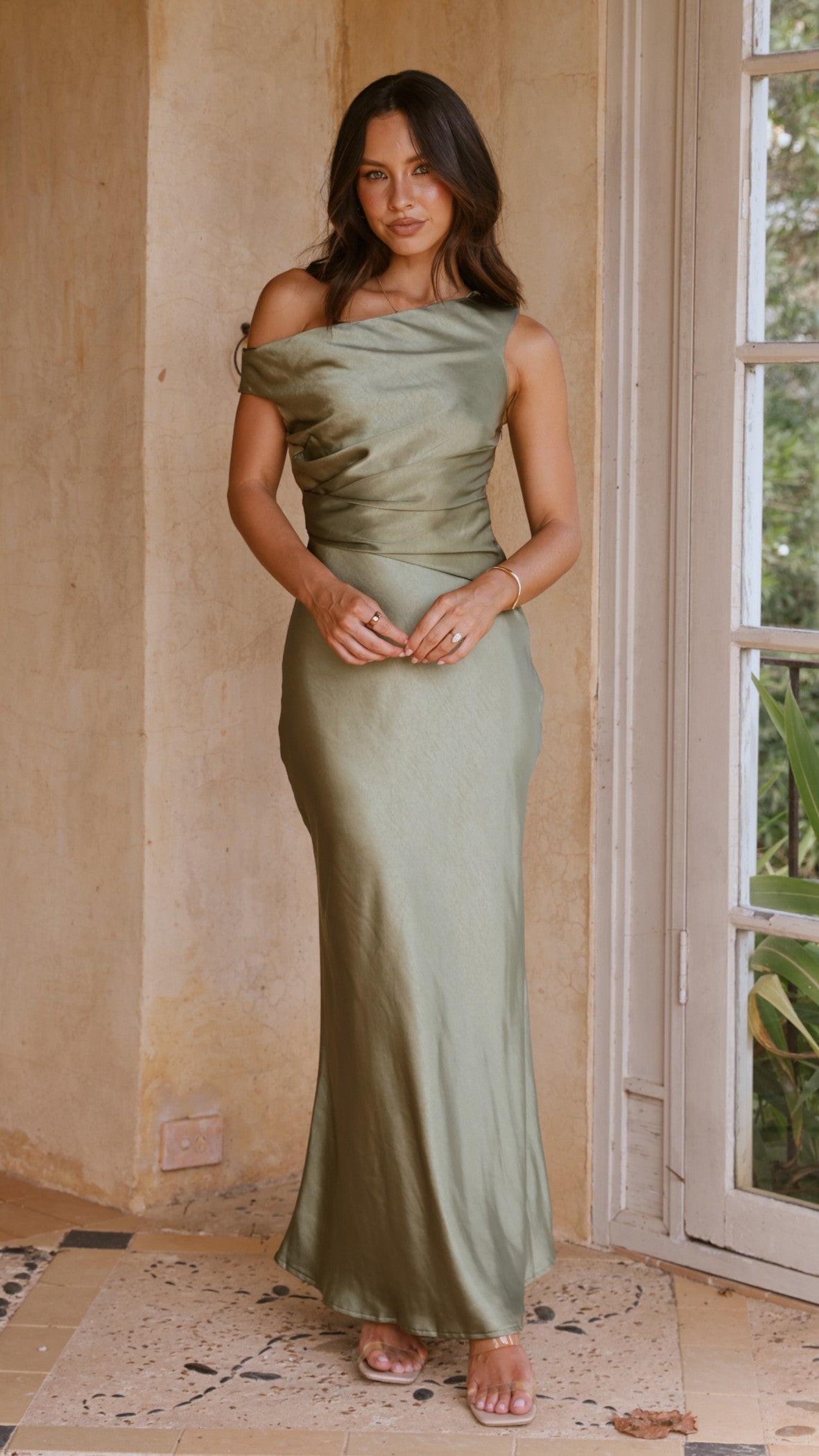 Auria Women's Off Shoulder Maxi Dress - Olive Green Flowy Long Dress for Summer, Beach, Wedding & Special Occasions