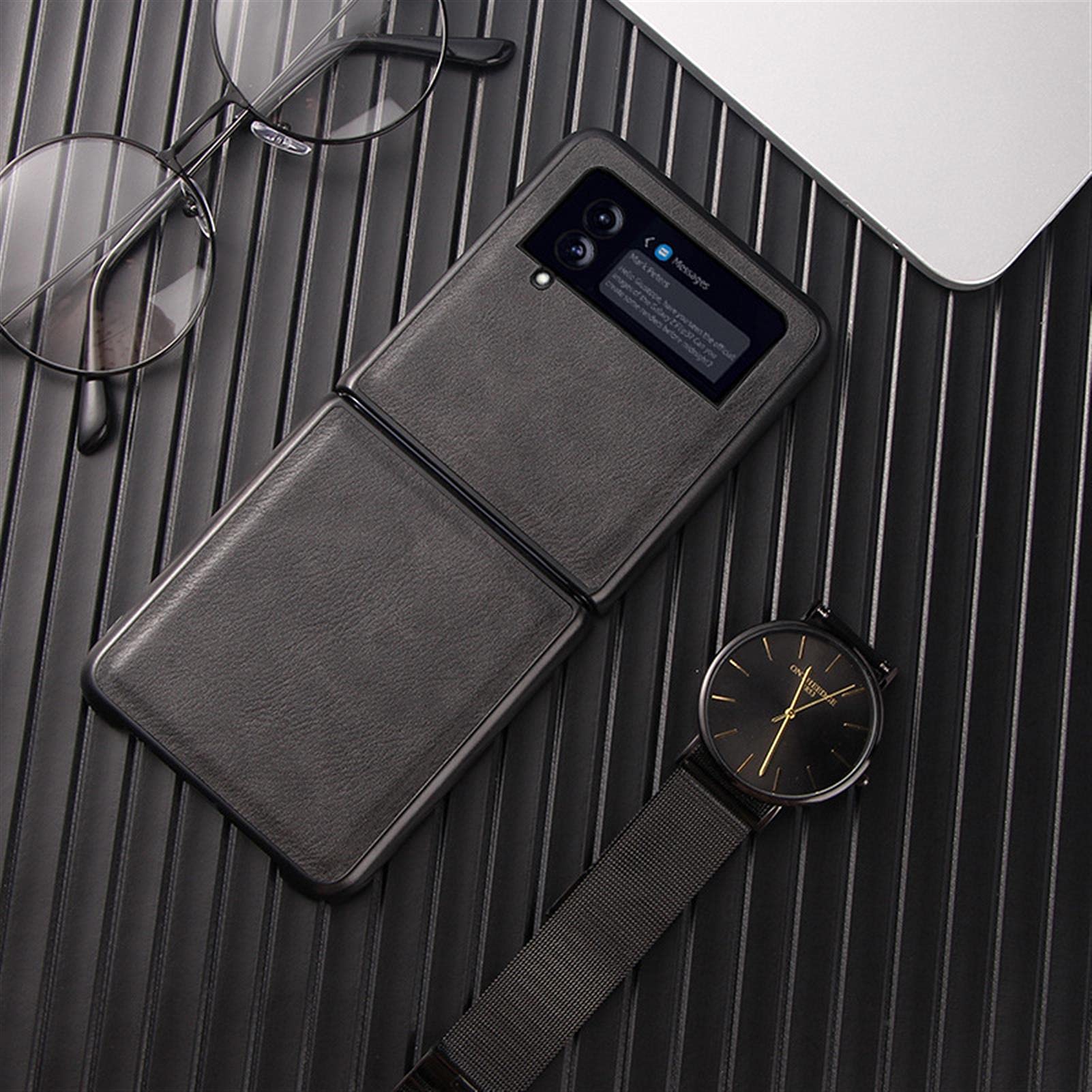 Yingwangtong Samsung Galaxy Z Flip3 Case - Premium Leather Folding Screen Protective Cover for Z Flip 3 Phone (Black) | Perfect for Daily Use, Business Meetings & Travel Protection