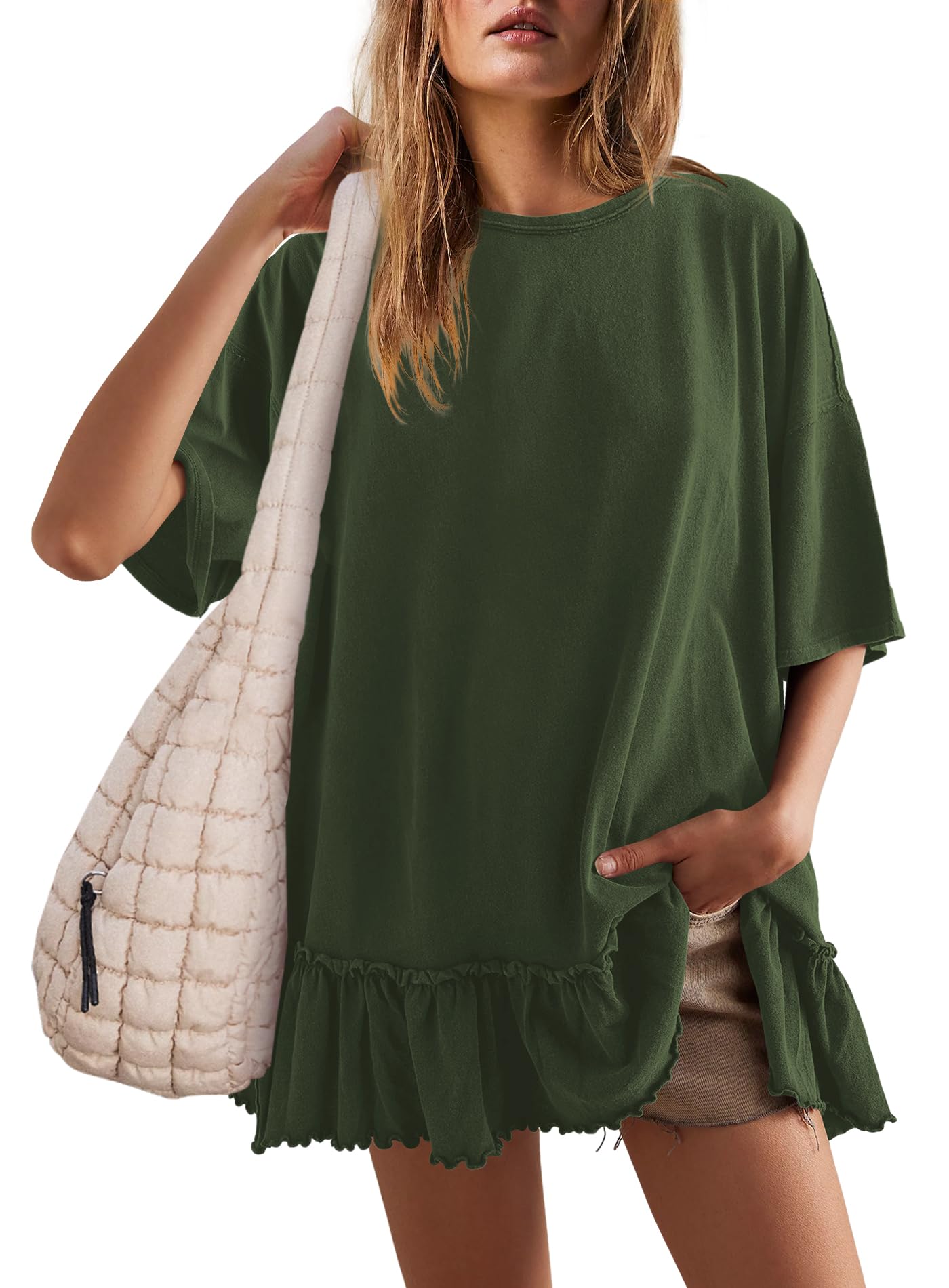 Yanekop Women's Oversized T-Shirts - Baggy Flowy Peplum Shirt with Crewneck & Short Sleeve - Summer Casual Tops for Women - Perfect for Beach, Vacation & Everyday Wear
