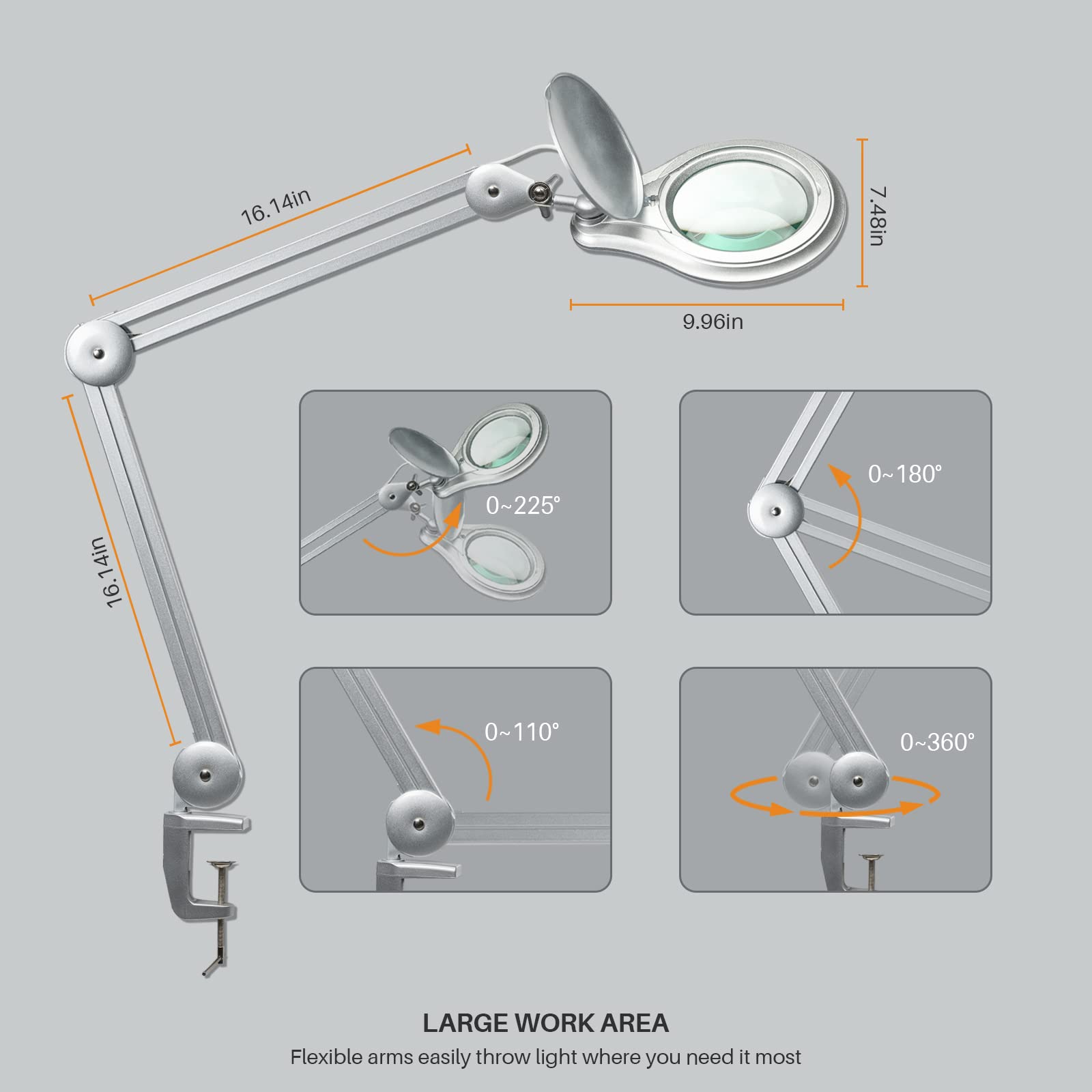 5 Inch LED Magnifying Desk Lamp with Clamp - 2.25X Magnification, 60PCS Bright LEDs & 1200 Lumens Dimming Light, Metal Swing Arm for Crafts, Reading, Jewelry Making & Detailed Work (Silver)