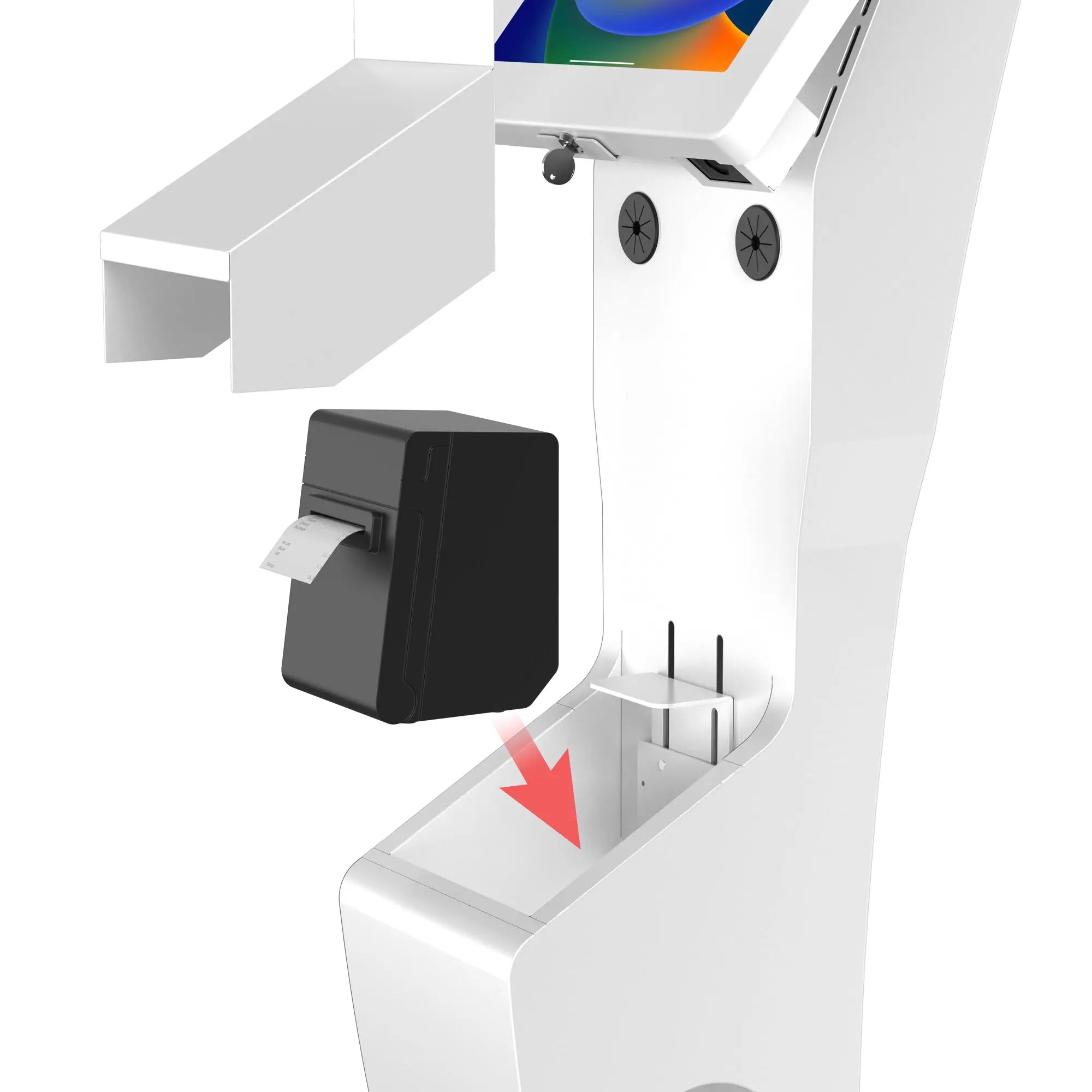 Sleek White Floor Stand with Printer Slot & Security Enclosure - Integrated Honeywell 2D Barcode Scanner for Retail Stores, Warehouses & Checkout Counters