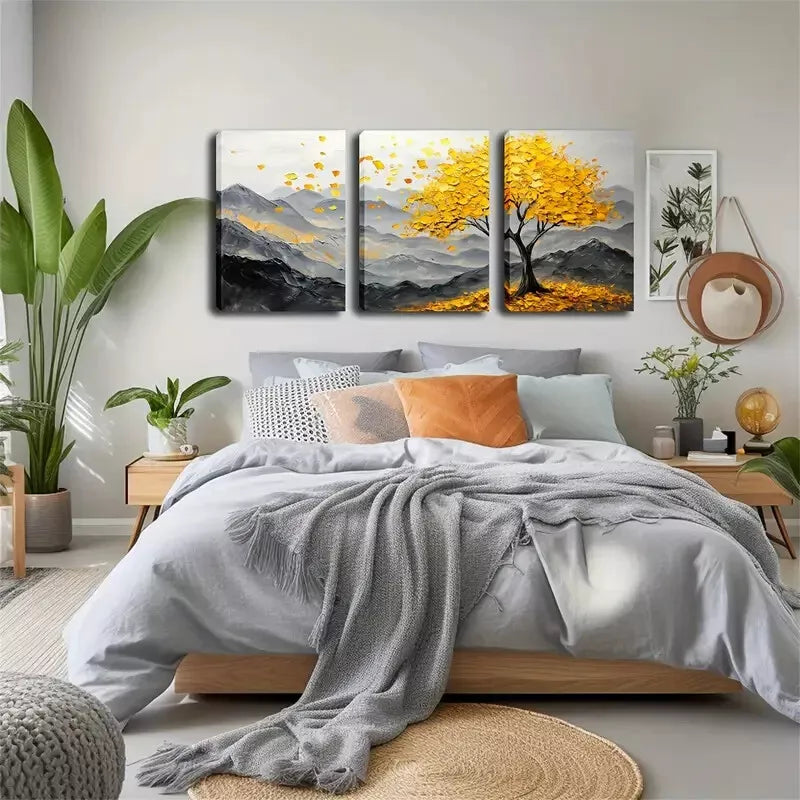 3-Piece Yellow Big Tree on Mountain Wall Art Set - Framed Canvas 40x60cm - High Quality Print - 100% Australian Made - Ready to Hang - Perfect for Living Room, Bedroom & Office Decor
