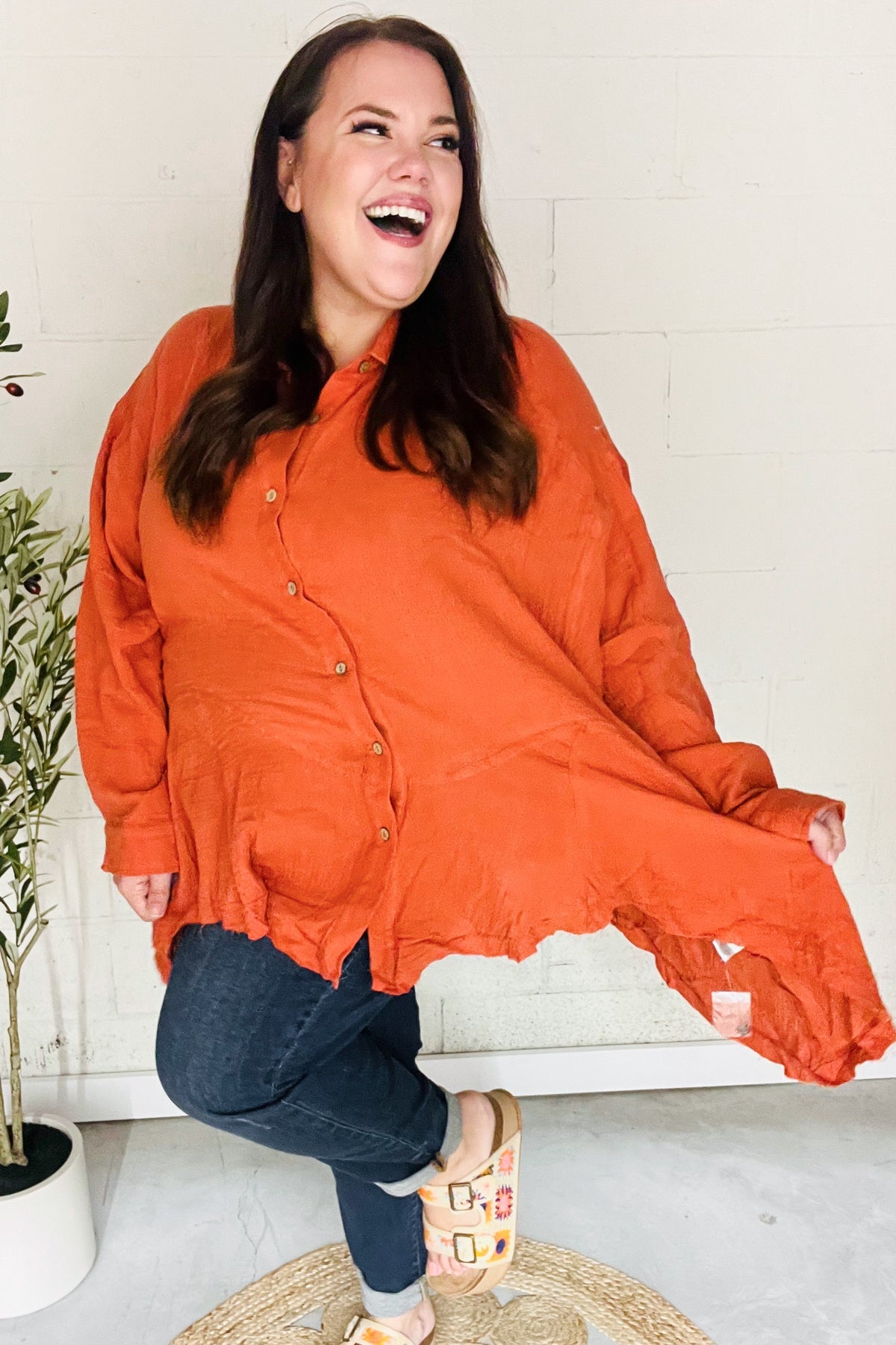 Stylish Rust Button Down Sharkbite Cotton Tunic Top for Women | Comfortable Everyday Wear | Perfect for Office, Casual Outings & Date Nights