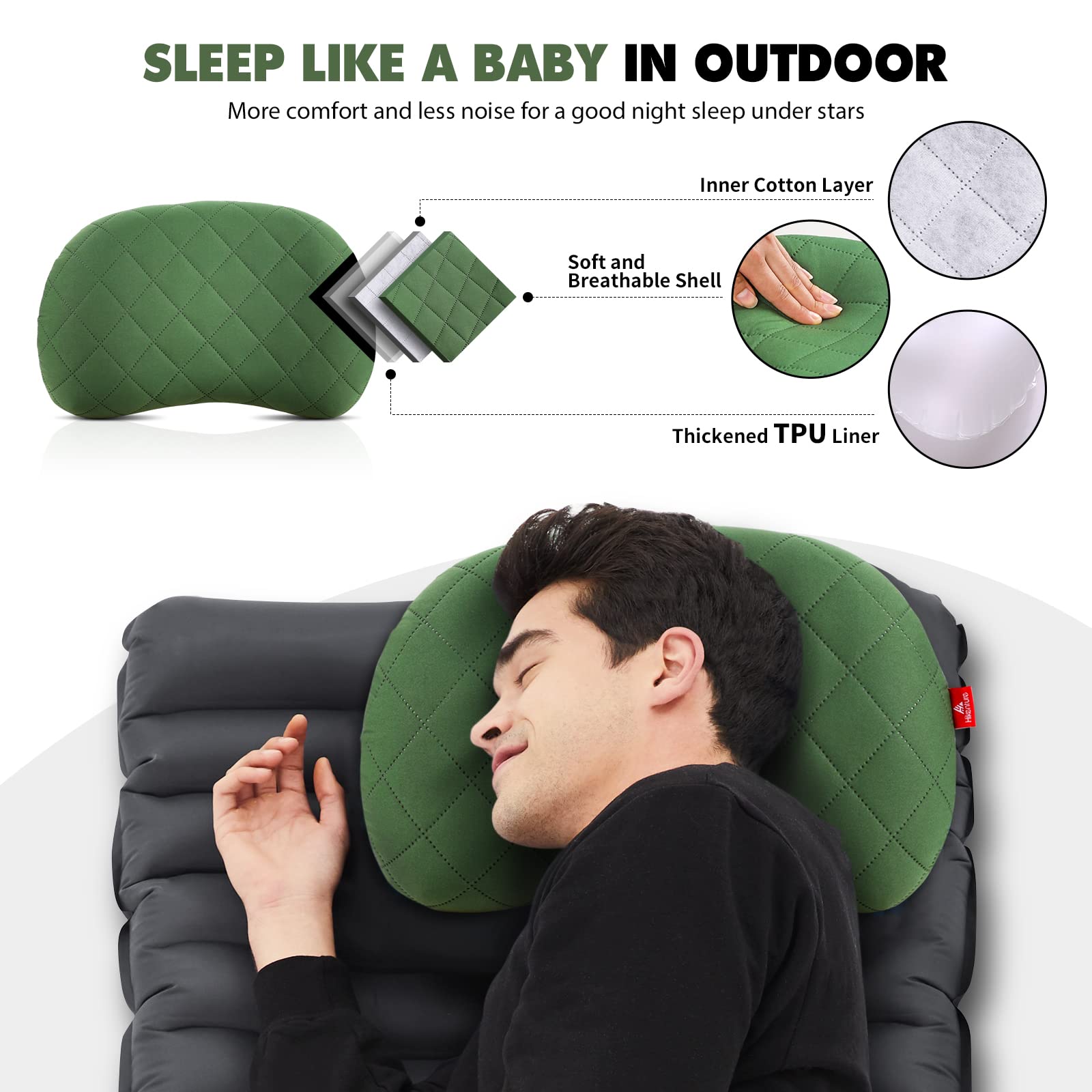 Hikenture Double Sleeping Pad with Foot Pump - 2 Camping Pillows Included | Lightweight Inflatable Air Mattress for Camping, Hiking, Backpacking & Outdoor Adventures (Green)