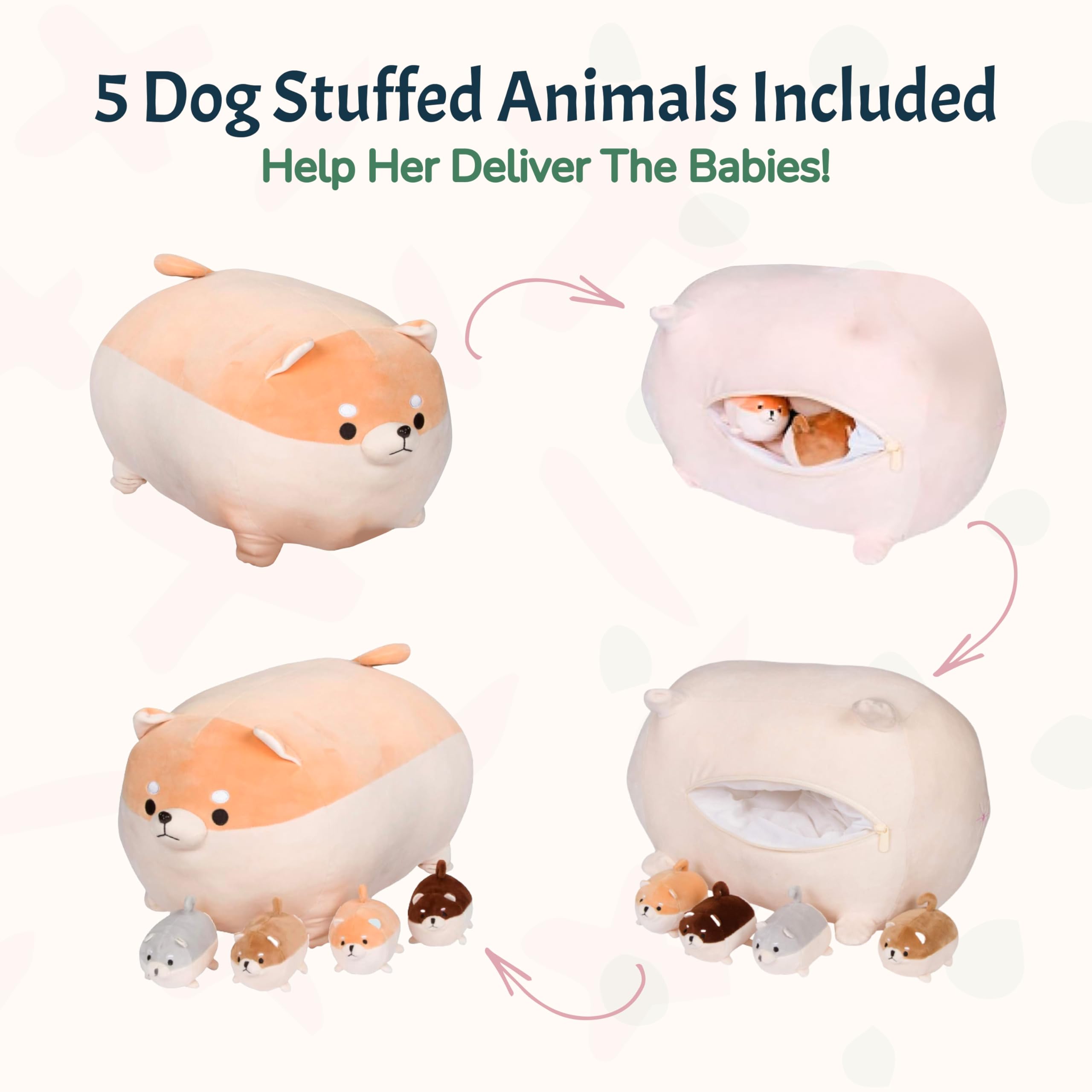 PixieCrush Shiba Inu Plush Toy Set - Soft Stuffed Dog with 4 Puppies for Kids - Cute Animal Pillow for Imaginative Play & Cuddling - Perfect Gift for Girls Ages 3-8 - Great for Bedtime, Playtime & Nursery Decor