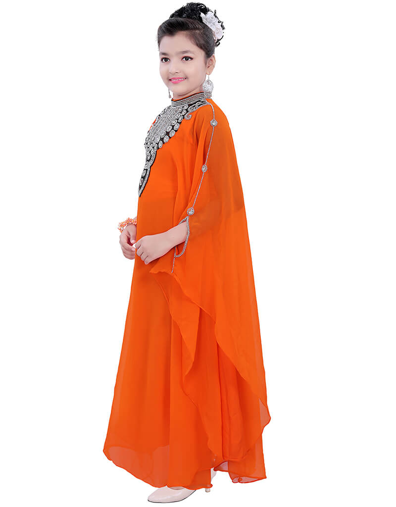 Arabic Orange Georgette Farasha Dress with Hand Zari Embroidery - Elegant Party Wear for Weddings & Special Occasions