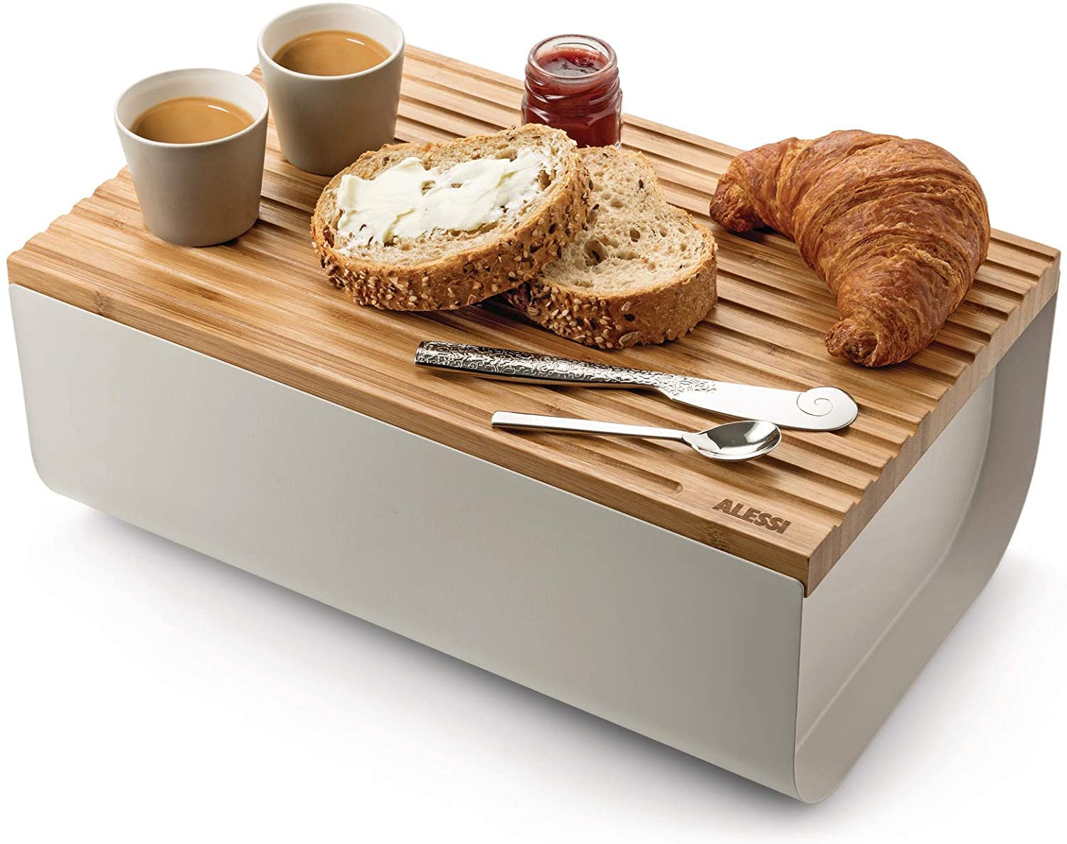 Alessi BG03 R Mattina Bread Box - Stainless Steel with Epoxy Resin & Bamboo Cutting Board - Red - Perfect for Kitchen Storage & Countertop Organization