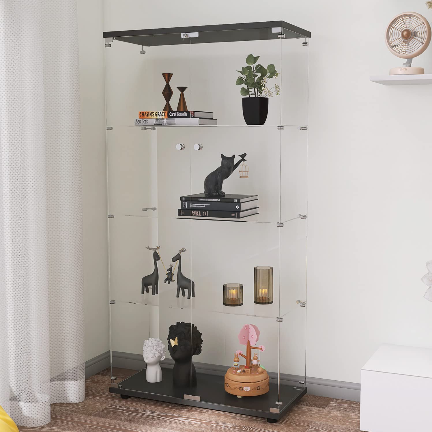Yoluckea 5.4 Feet Tall Modern Glass Display Cabinet - Floor Standing Curio Cabinet with 4 Shelves & 2 Doors, Clear Glass Storage for Living Room, Bedroom, Study - Easy Assembly | Perfect for Showcasing Collectibles, Books & Home Decor