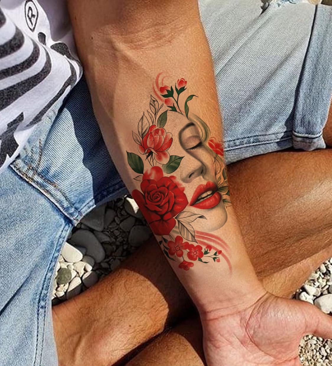 Waterproof Temporary Tattoo Stickers for Men & Women - 3D Realistic Flowers, Butterflies, Stars, Angels, Wolves & Armband Designs (17x9.5cm) | Perfect for Parties, Halloween Costumes & Body Art | KTH-14