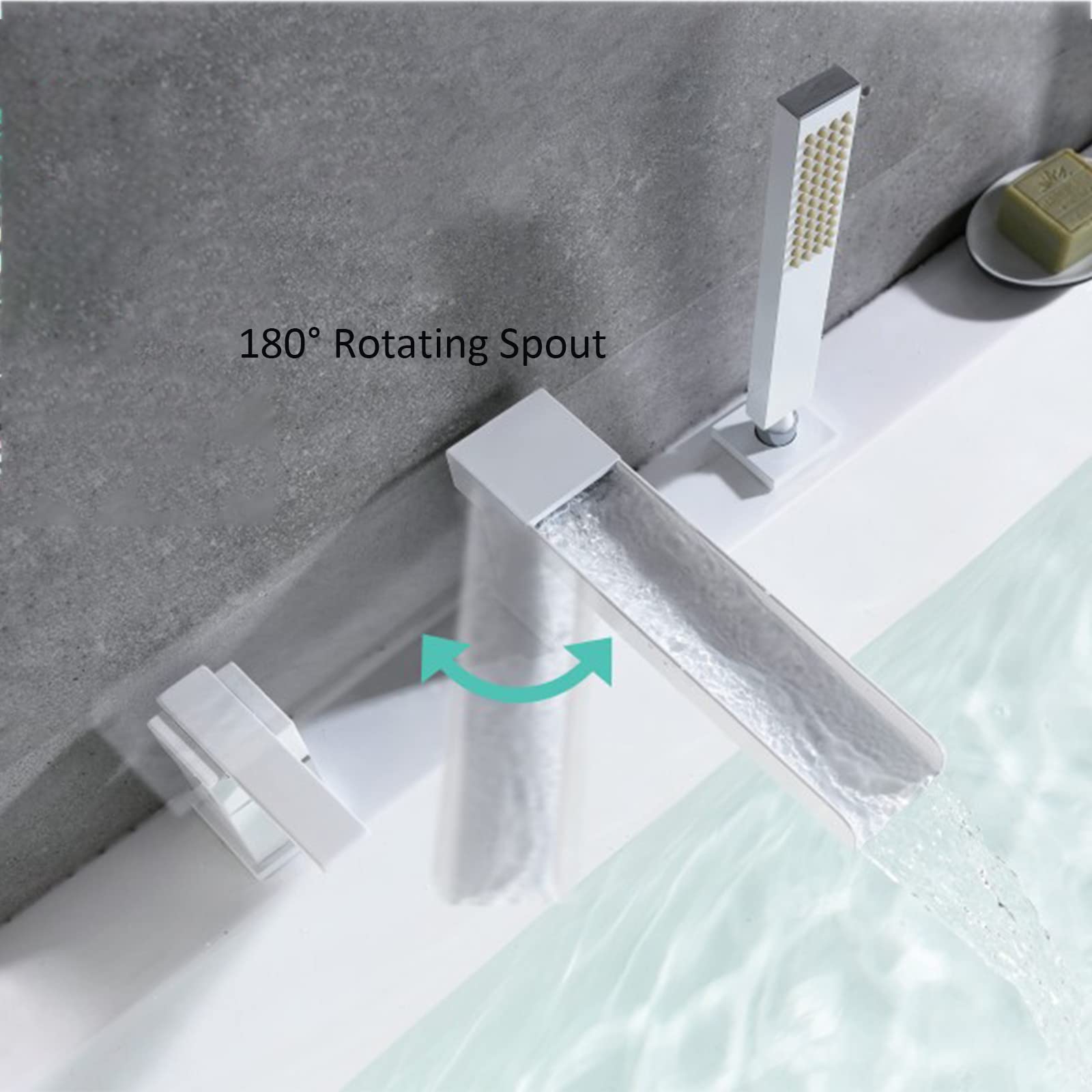 180° Rotating Brass Bathtub Faucet with Hand Shower - Single Handle Waterfall Tub Mixer Tap for Hot & Cold Water - Adjustable White Bathroom Fixture for Spa-Like Relaxation and Modern Home Decor