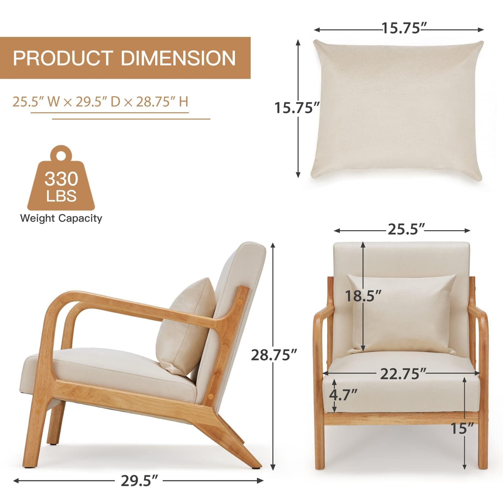 Esright Mid Century Modern Accent Chair - Solid Wood Frame, Upholstered Small Side Chair for Living Room & Bedroom - Comfortable Lounge Reading Armchair in Beige | Perfect for Small Spaces, Home Office & Cozy Corners