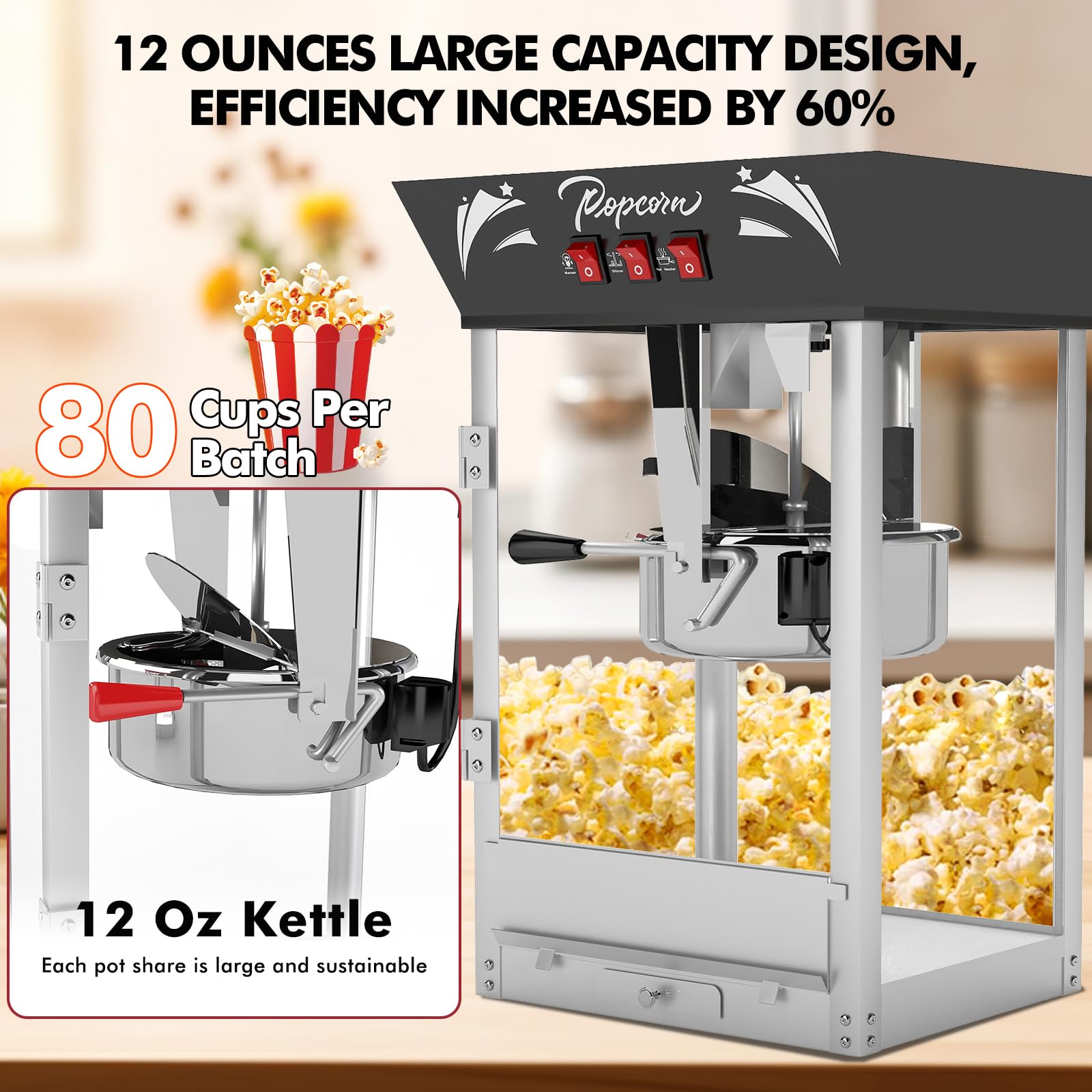 Commercial Popcorn Maker Machine - 12 Ounce Stainless Steel Kettle with Tempered Glass & Warming Deck - 900W Countertop Popcorn Popper for Home Theater, Movie Nights, Parties, Events & Carnival Snack Stands