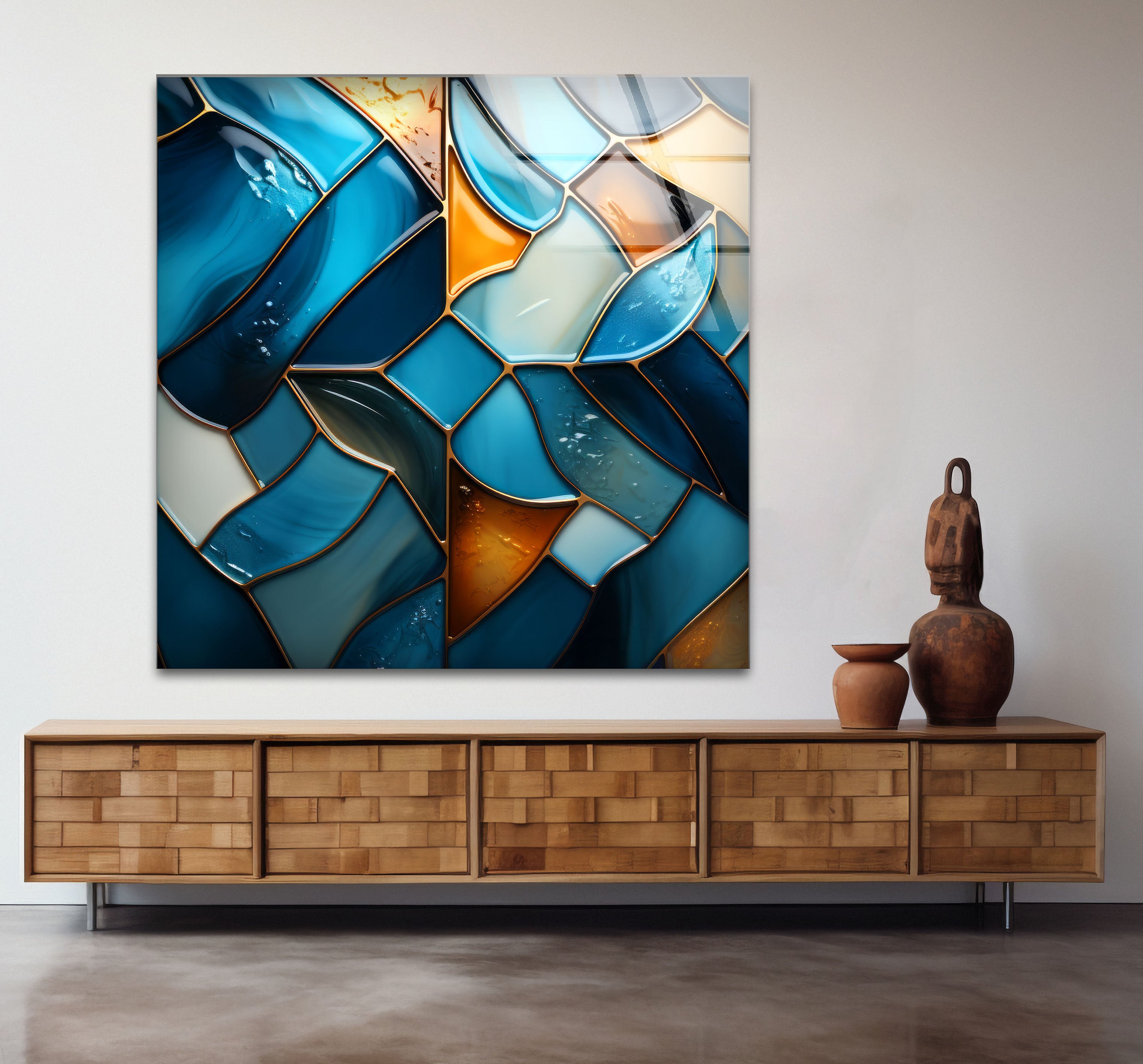 Blue Stained Glass Wall Art - Abstract Mosaic Glass Print Decor for Living Room, Bedroom & Office | Handmade Modern Home Decor