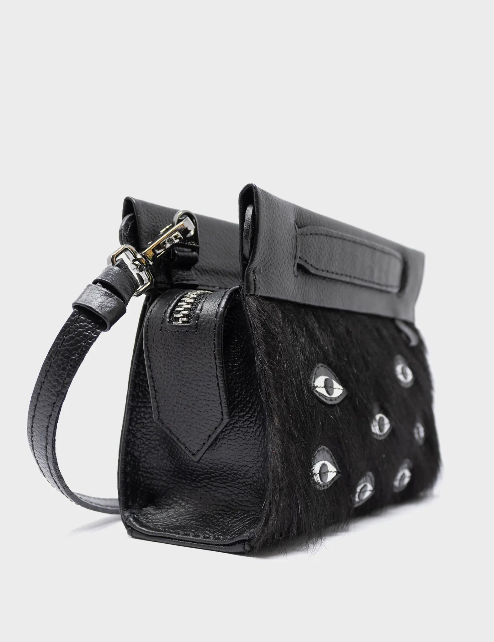 Vali Crossbody Micro Black Leather Bag with Eyes Applique & Adjustable Handle - Stylish & Compact Purse for Women, Perfect for Daily Use, Travel & Parties