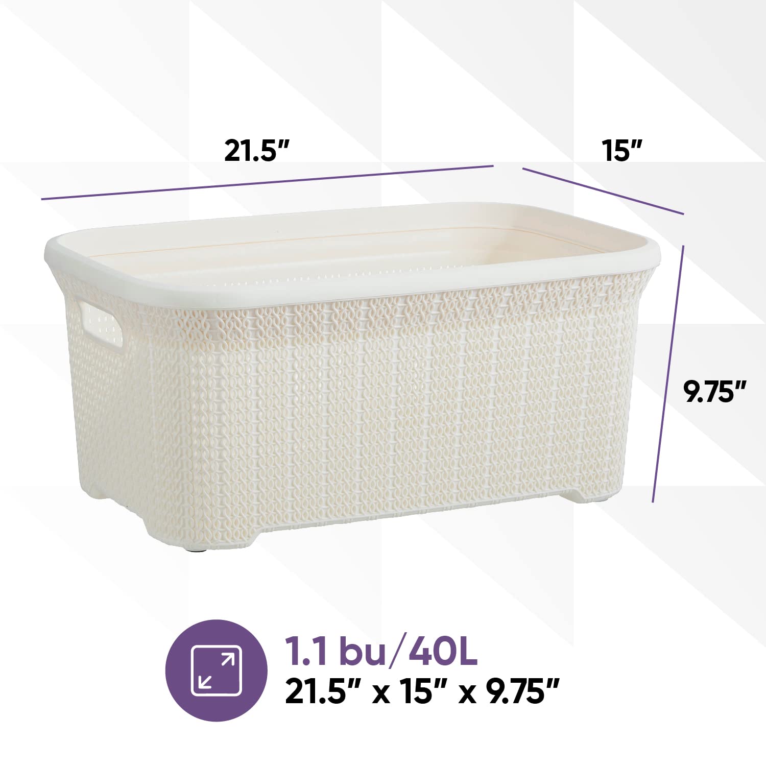 Plastic Laundry Basket with Cut-Out Handles - 40L Small Storage Hamper for Clothes Organization | Space-Saving Cream Knit Design for Laundry Room, Bedroom & Bathroom | Perfect for College Dorms, Apartments and Small Spaces