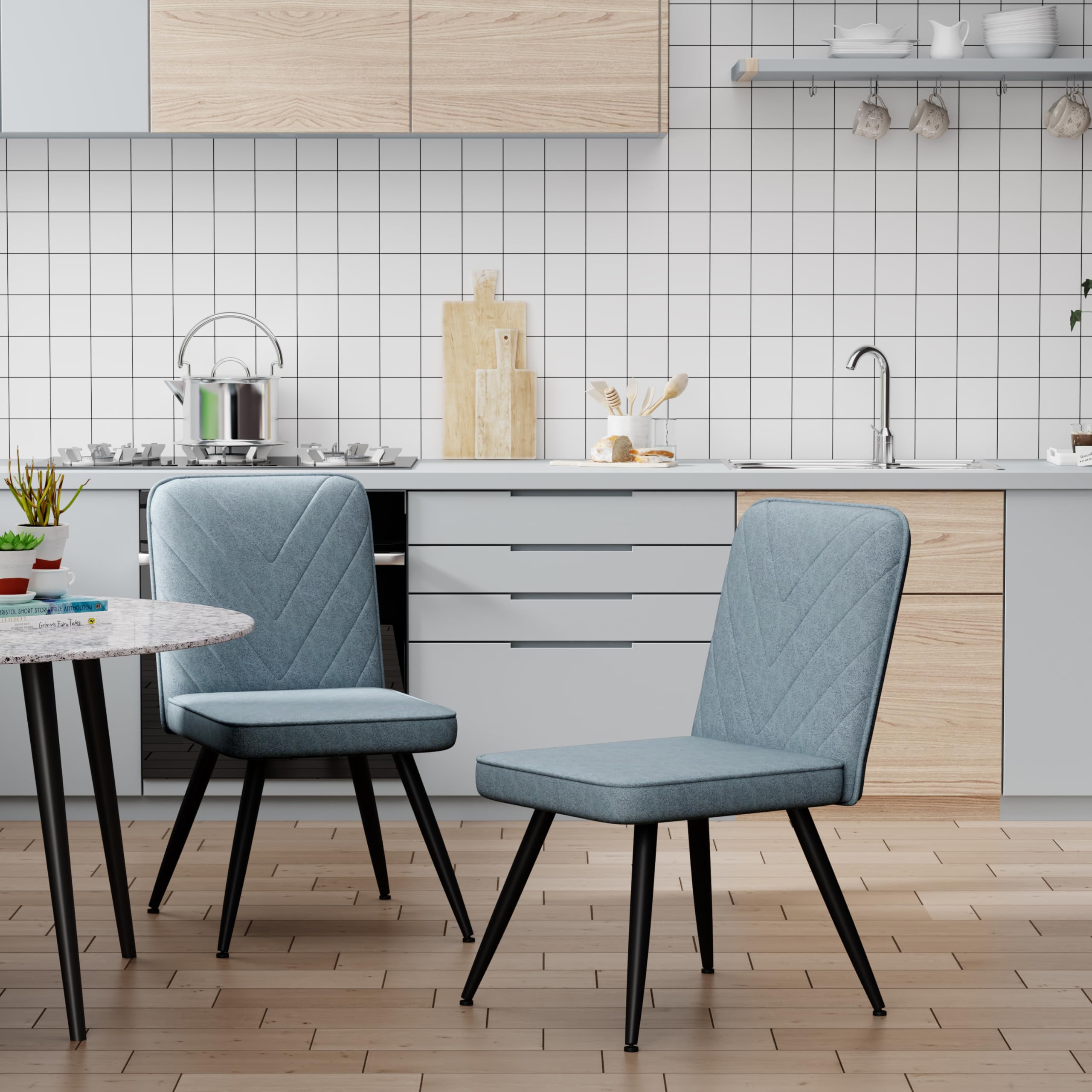 Modern Blue Fabric Armless Dining Chairs Set of 2 with Metal Legs - Perfect for Kitchen Tables, Home Desks, and Small Dining Rooms