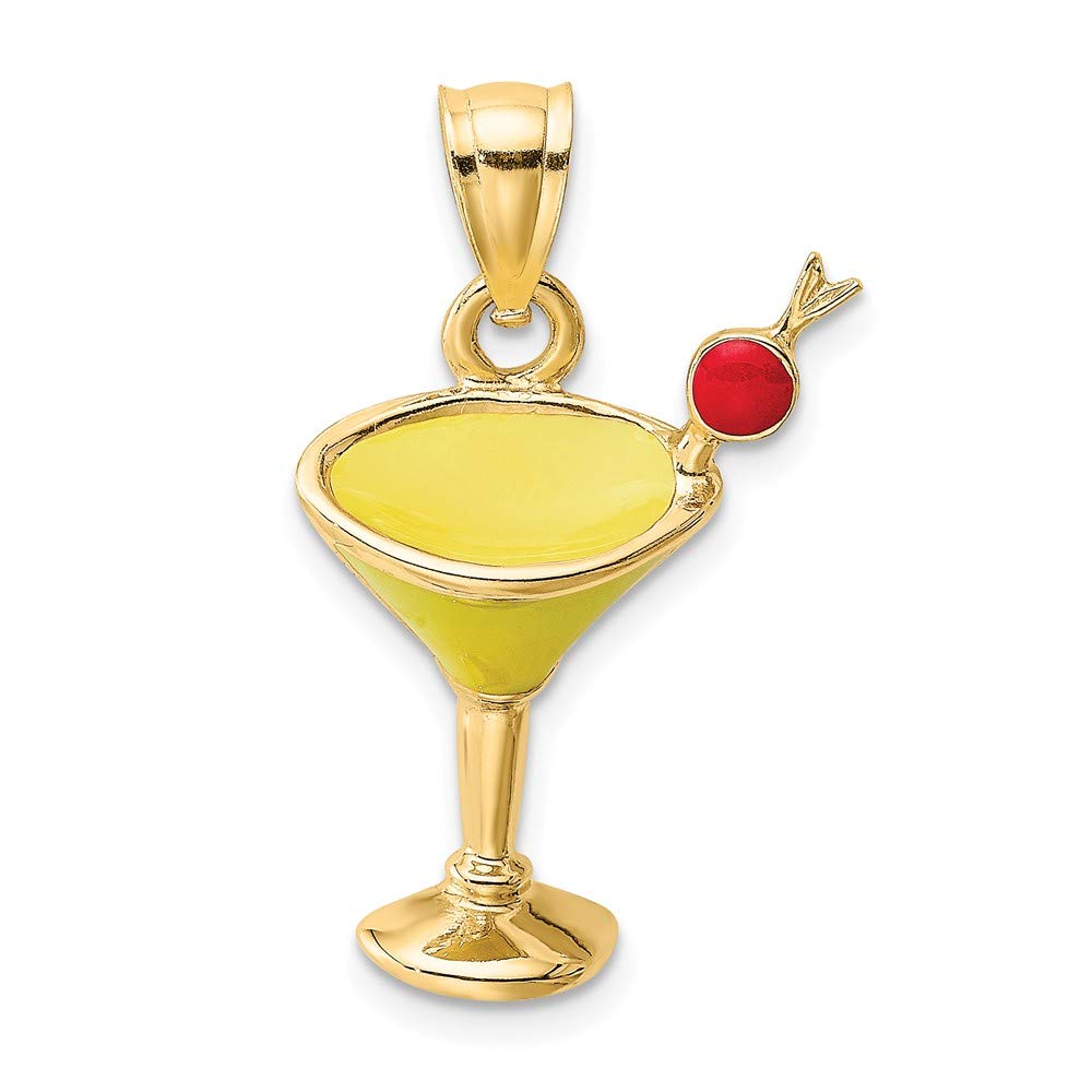 14K Yellow Gold 2-D Yellow Enameled Martini Drink with Cherry Pendant Necklace - Perfect for Cocktail Parties, Night Out Jewelry & Gift for Bartenders
